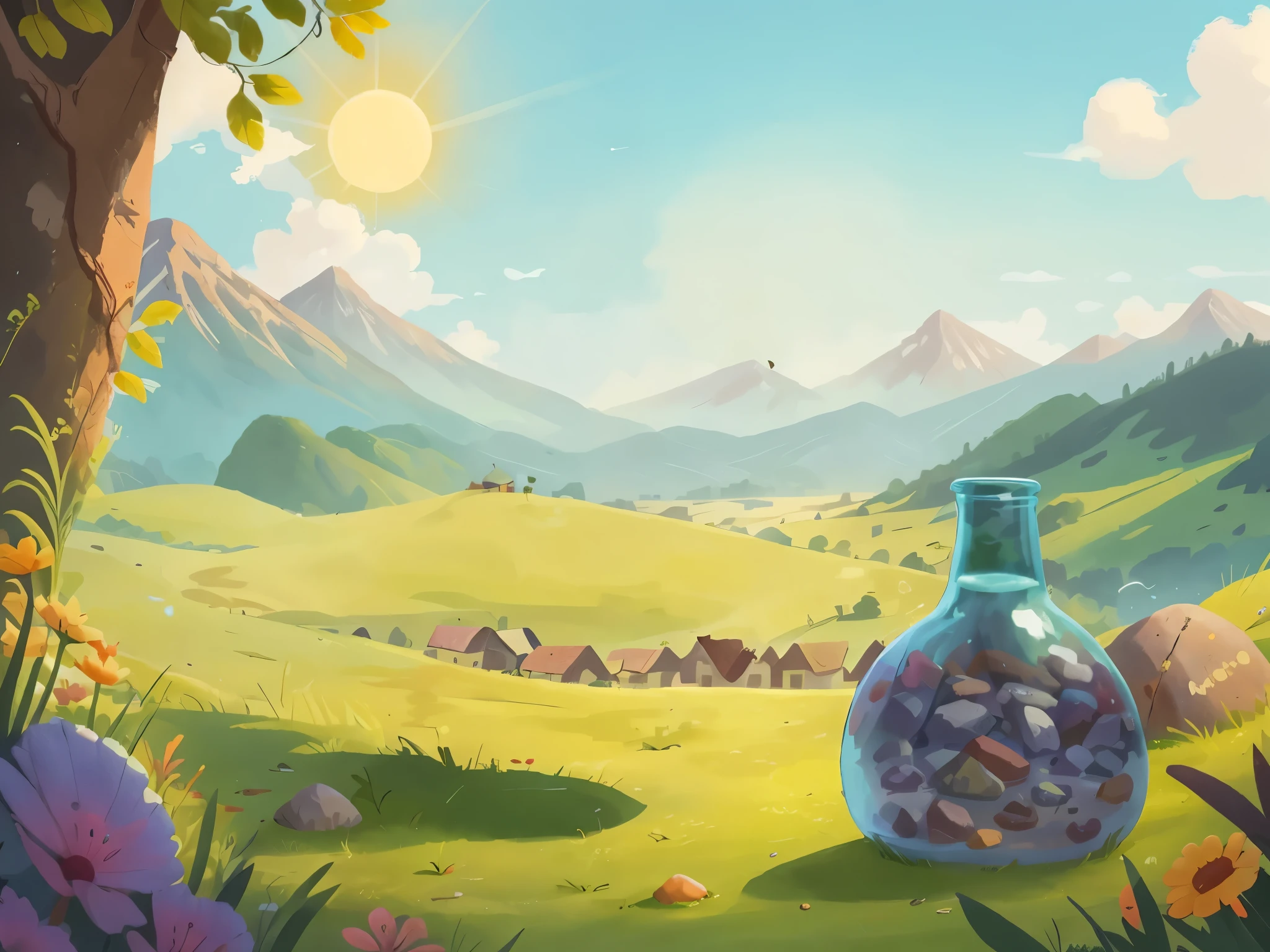 A glass bottle with small stones and a small amount of water located in the grass, flores, pedras, close-up, sol, sky, montanhas, casas, sol, cartoon illustration