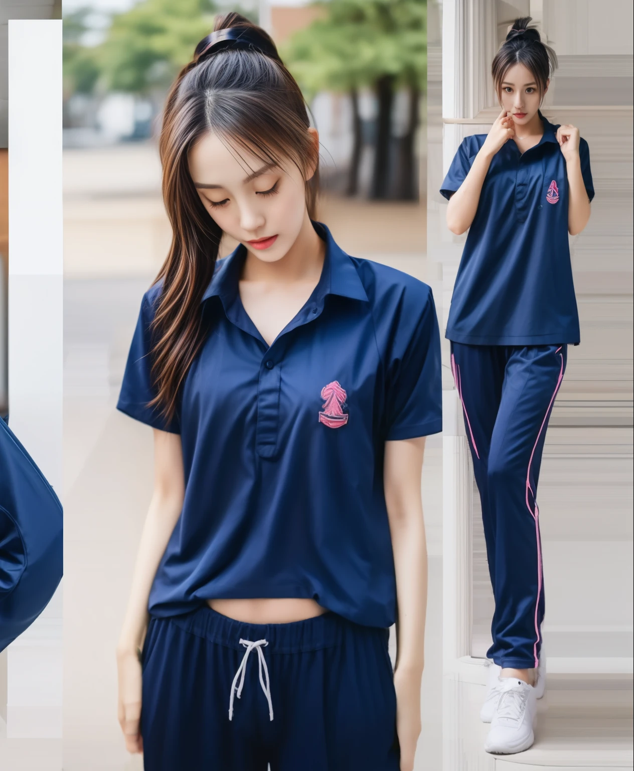 3 girls in fitness center, Navy blue short-sleeved shirt,Navy Long Trackpant,Sweatpants, Sweatpantsขายาว,25 year old girl, lesbian, sexy, exercise clothes, wet body, exercise clothes