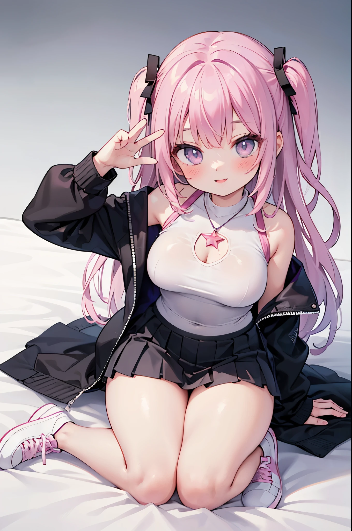 realistic image, coherent image, detailed image, 1 beautiful girl, She has purple hair, purple to pink gradient color eyes, with a six-pointed star in her pupil, her face is oval and delicate, Blushing, smiling, She is wearing a long sleeve shirt, pleated mini skirt, sneakers, She has a curvaceous body, medium breasts, thick thighs, coy pose, black background,