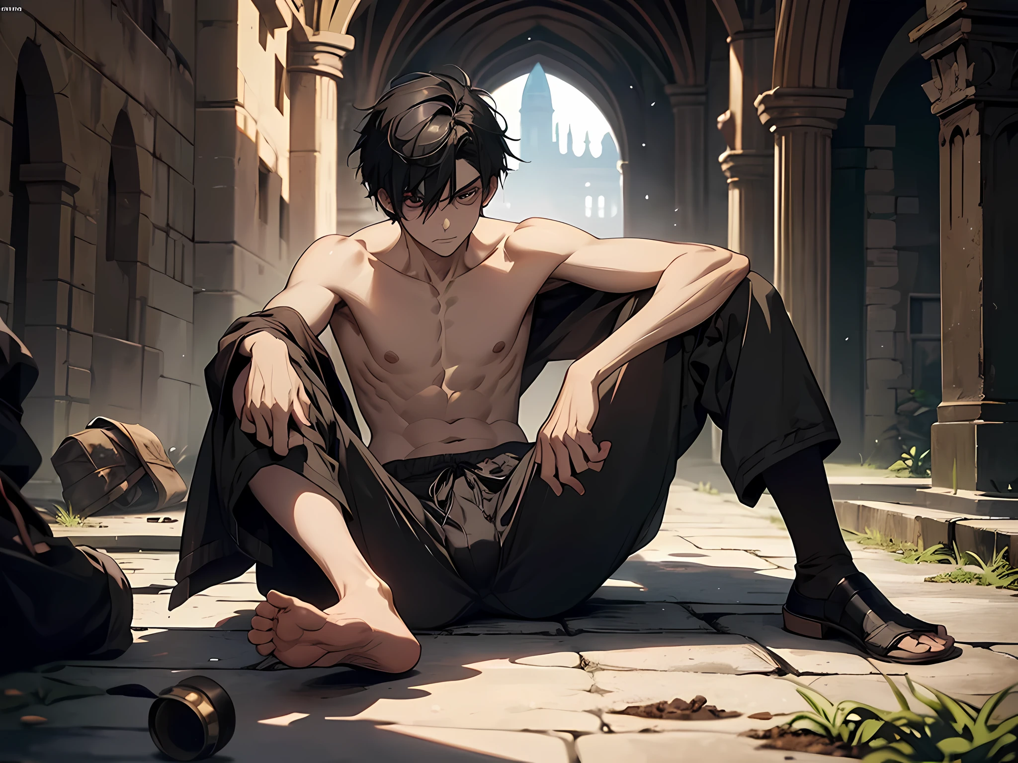 1 man, wearing only underwear, pants less, shirtless, not wearing a shoes, beggar, poor, short hair, black hair, weak, detailed eyes, face to detail, sitting on the edge of the sewer, medieval era MMORPG theme game, half-body illustration, camera angle equal to character