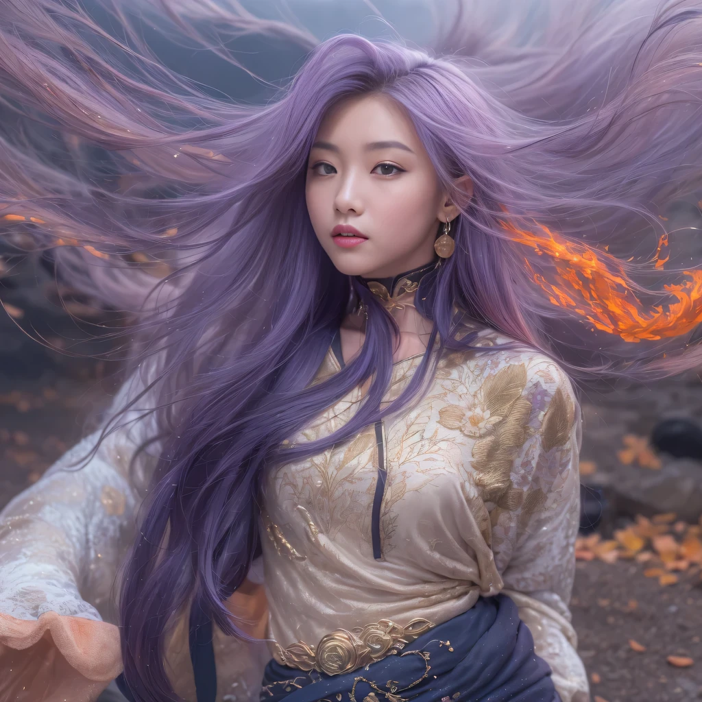 32k1860（masterpiece，HD，超HD，32k）Bright purple flowing hair，autumn pond，we disagree， a color， Asian （Michiko）， （silk scarf）， fighting stance， looking at the ground， Orange gradient long hair， Floating bright purple， Fire cloud gold headdress， Chinese long-sleeved gold silk garment， （Abstract ink splash：1.2），mars background，lotus（realistically：1.4），Bright purple hair，Smoke on the road，The background is very pure， high resolution， detail， original photo， Sharp Re， Nikon D850 film photo by Jefferies Lee 4 Kodak Portra 400 camera F1.6 guns, rich and colorful, Super real、Vivid textures, dramatic lighting, Unreal Engine Art Station Trend, Silicon Nest 800，Bright purple flowing hair