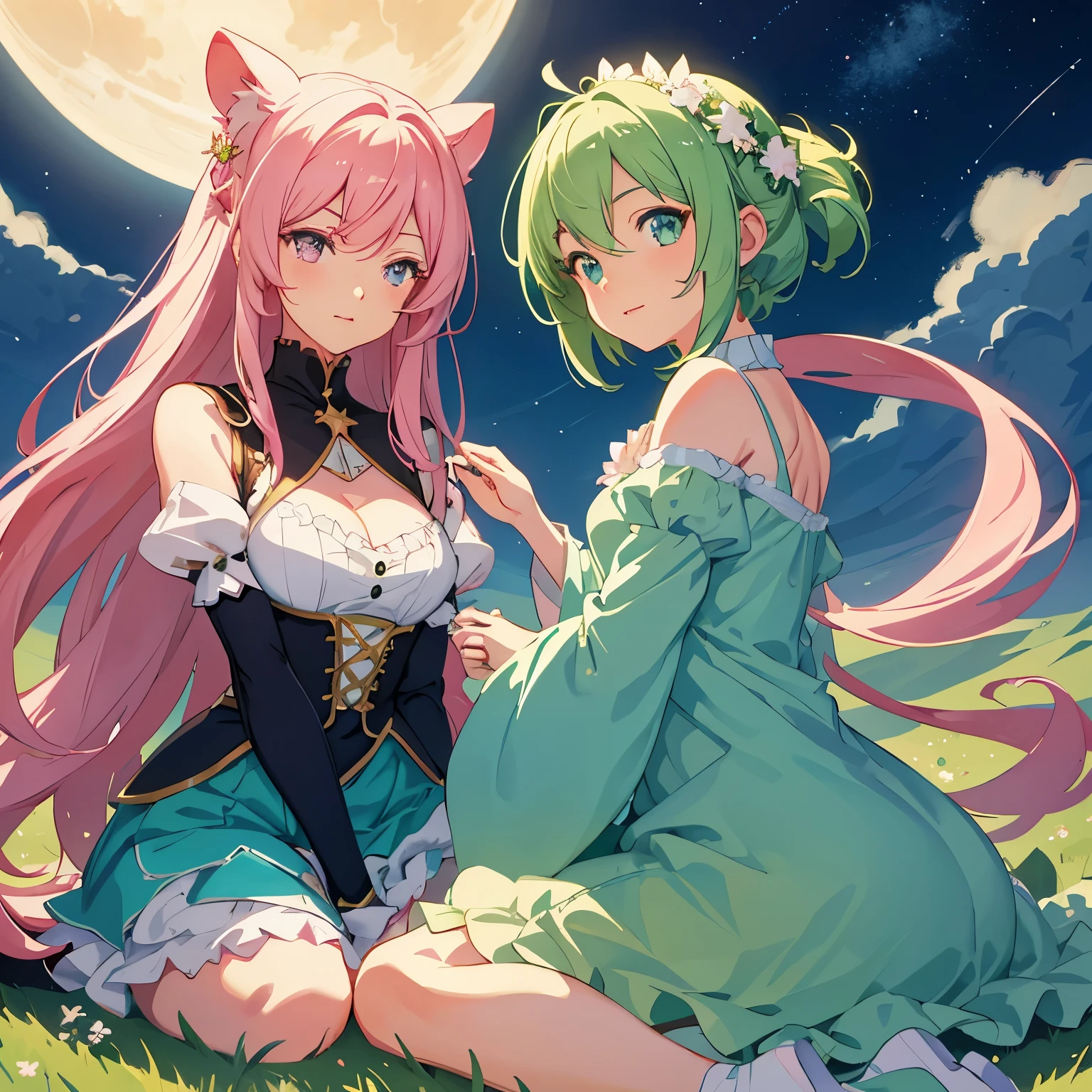 Masterpiece, two characters, sitting atop a green hill, gazing at a full moon with pink heart-shaped craters, adorable digital painting, cute and detailed digital art, digital anime illustration, captivating depiction of a boy and girl, by the hands of Cyril Roland and Goro Fujita, or Lois van Baarle and Rossdraws, brimming with charm and intricacy, high resolution, sharp focus, soft shading, darling expressions, heartwarming scene, under the star-lit sky, expansive foreground, vibrant palette, enchanting art style.