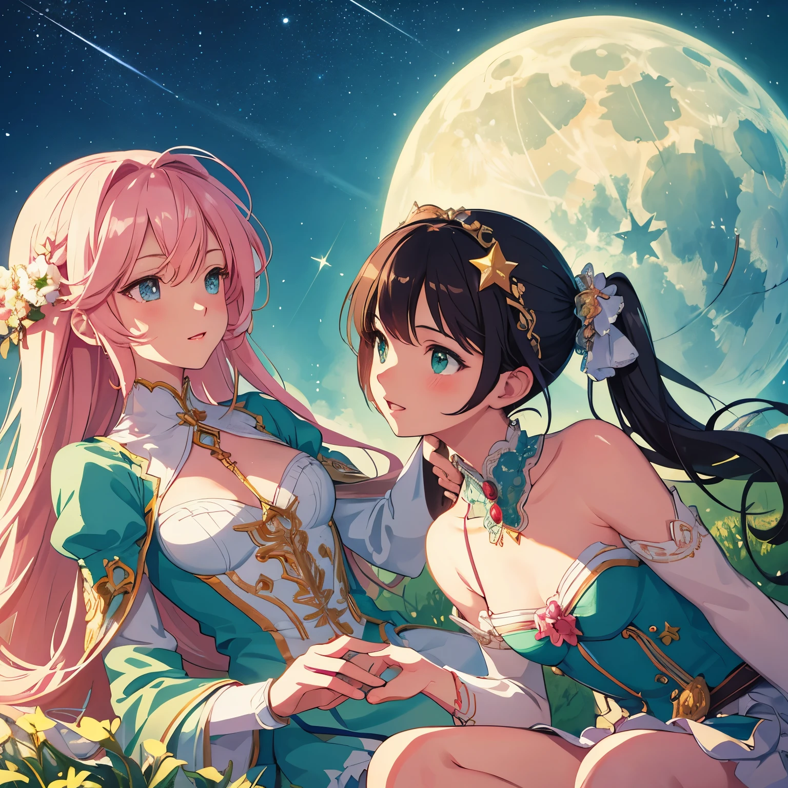 Masterpiece, two characters, sitting atop a green hill, gazing at a full moon with pink heart-shaped craters, adorable digital painting, cute and detailed digital art, digital anime illustration, captivating depiction of a boy and girl, by the hands of Cyril Roland and Goro Fujita, or Lois van Baarle and Rossdraws, brimming with charm and intricacy, high resolution, sharp focus, soft shading, darling expressions, heartwarming scene, under the star-lit sky, expansive foreground, vibrant palette, enchanting art style.