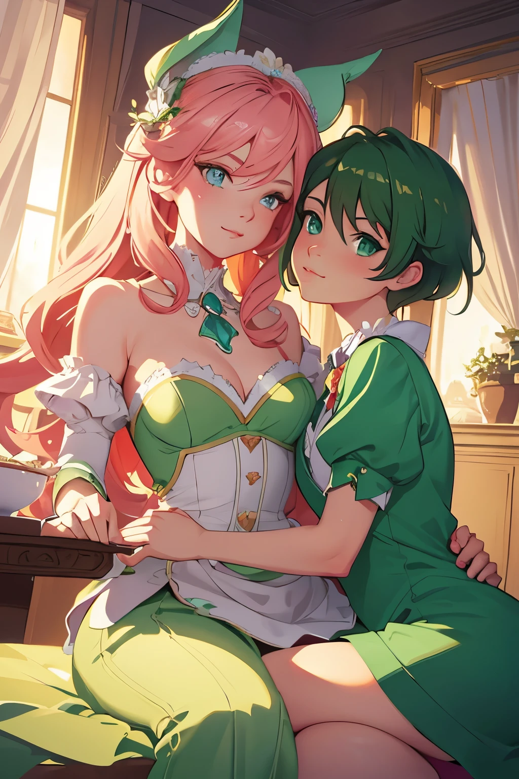 Masterpiece, two charming characters, seated atop a lush, emerald green hill, locked in a moment of awe as they gaze upon a full moon with captivating pink heart-shaped craters, brought to life in an adorable digital painting. The intricacy and detail of this cute scene are a testament to the skill of its creators, Cyril Roland and Goro Fujita, or Lois van Baarle and Rossdraws. The art brims with charm and allure, inviting viewers to bask in its high-resolution glory and sharp focus. Soft shading adds depth and dimension to the characters' darling expressions, while the heartwarming scene unfolds under