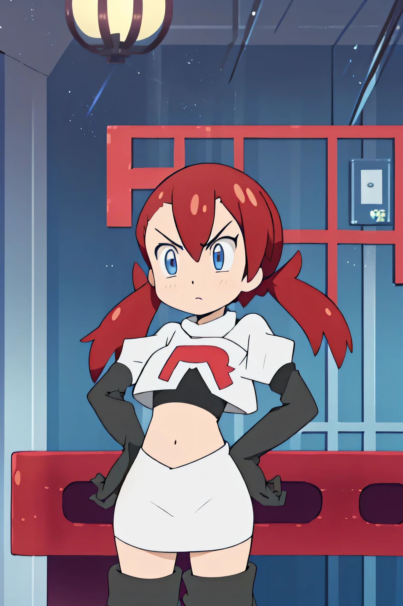 team rocket uniform, red letter r, white skirt, white crop top, black thigh-high boots, black elbow gloves, glaring angrily, looking at viewer, hands on hips, zettai ryouiki, PallaFE