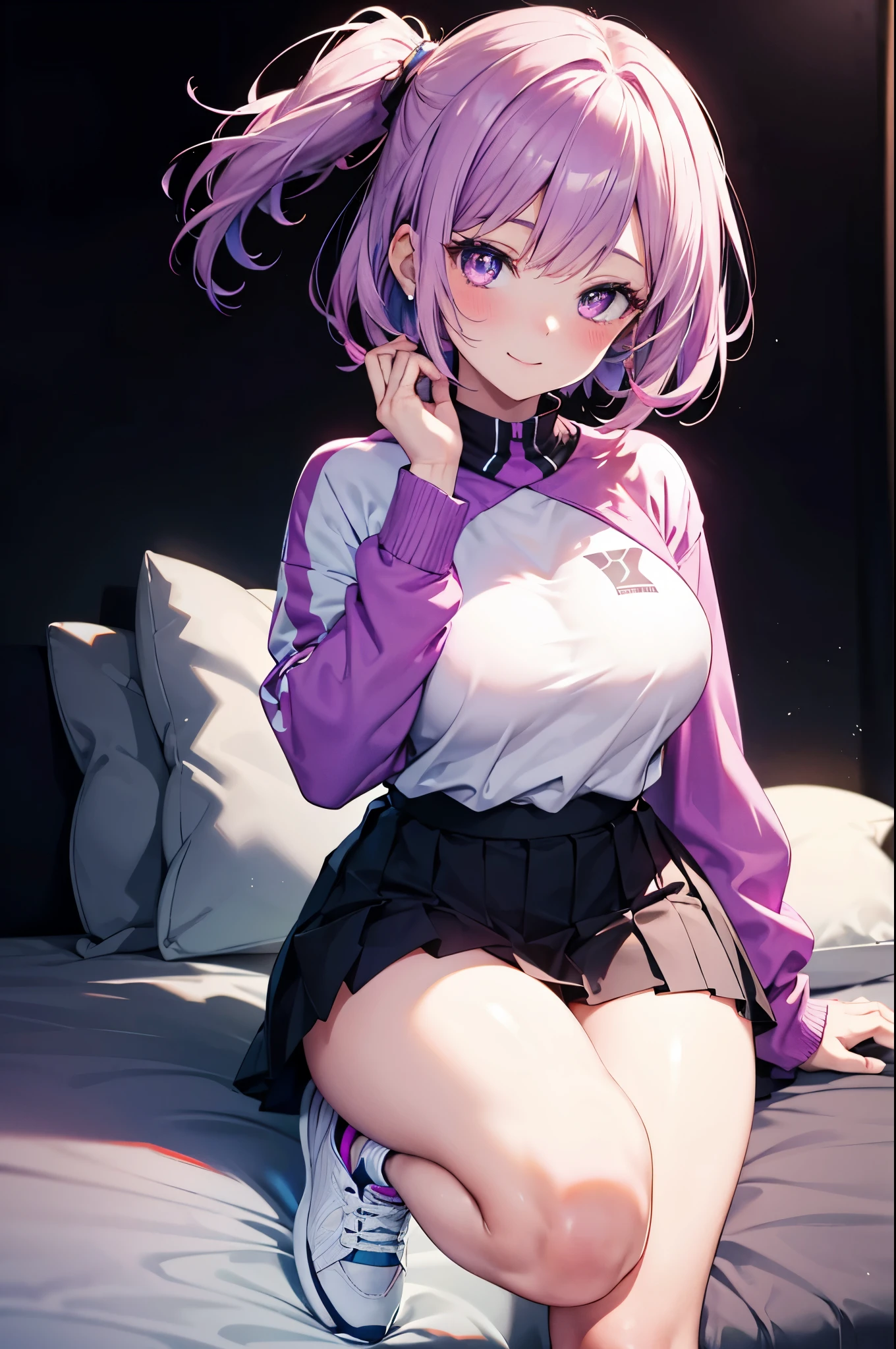 realistic image, coherent image, detailed image, 1 beautiful girl, She has purple hair, purple to pink gradient color eyes, with a six-pointed star in her pupil, her face is oval and delicate, Blushing, smiling, She is wearing a long sleeve shirt, pleated mini skirt, sneakers, She has a curvaceous body, medium breasts, thick thighs, coy pose, black background,