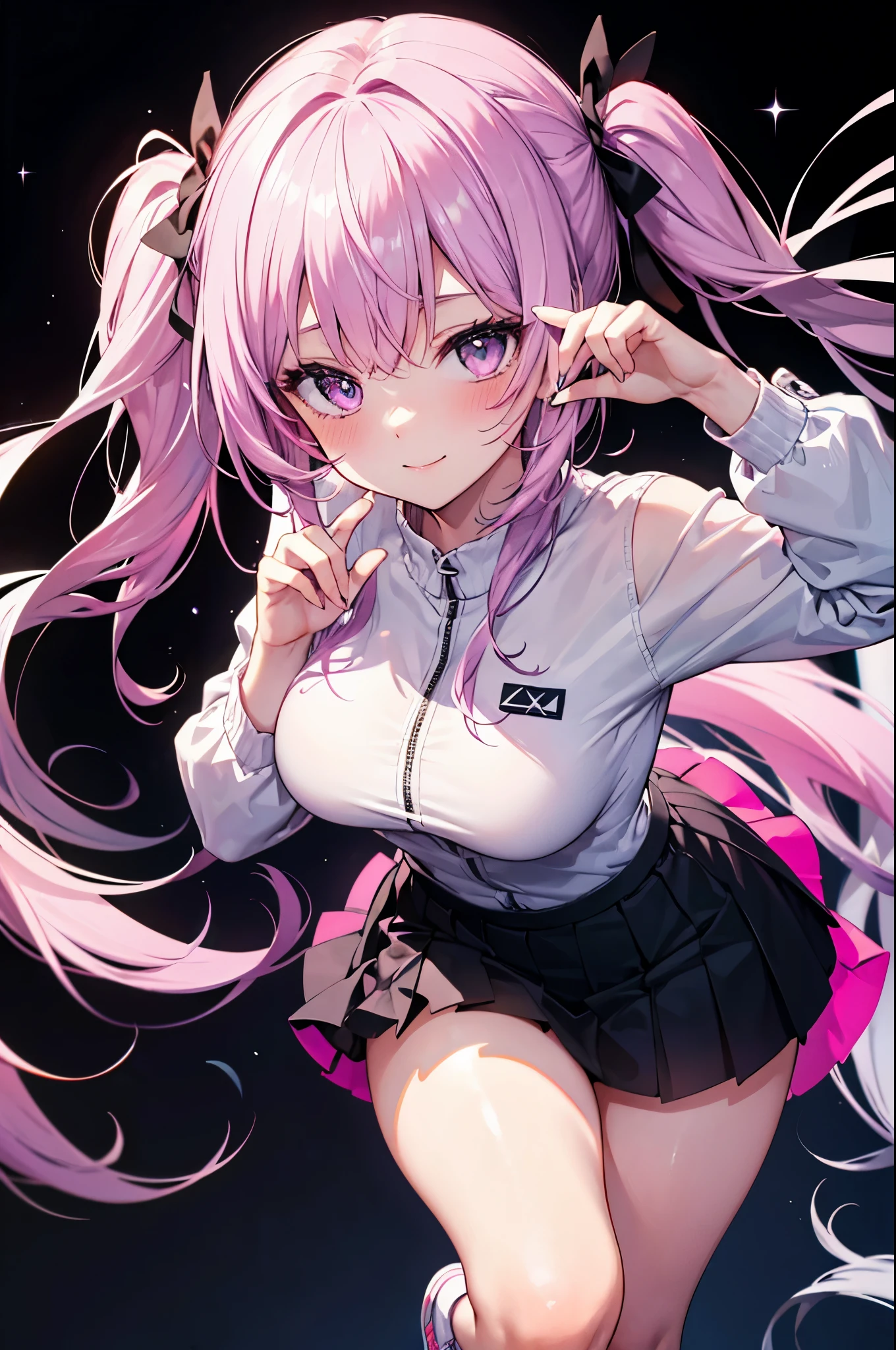 realistic image, coherent image, detailed image, 1 beautiful girl, She has purple hair, purple to pink gradient color eyes, with a six-pointed star in her pupil, her face is oval and delicate, Blushing, smiling, She is wearing a long sleeve shirt, pleated mini skirt, sneakers, She has a curvaceous body, medium breasts, thick thighs, coy pose, black background,