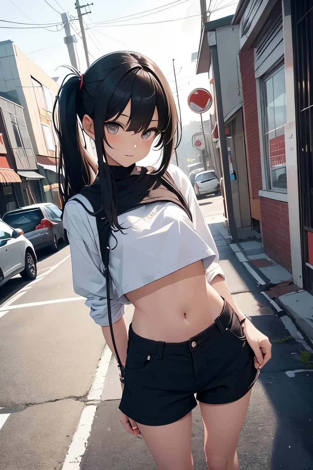 full body of beautiful girl with skinny body and flat chest, man body, tomboy, twintail hair, wearing fashionable clothes and shorts, (clear face, perfect anatomy, beautiful anatomy, flat chest, highest quality, best quality, sharp image, masterpiece, official art)