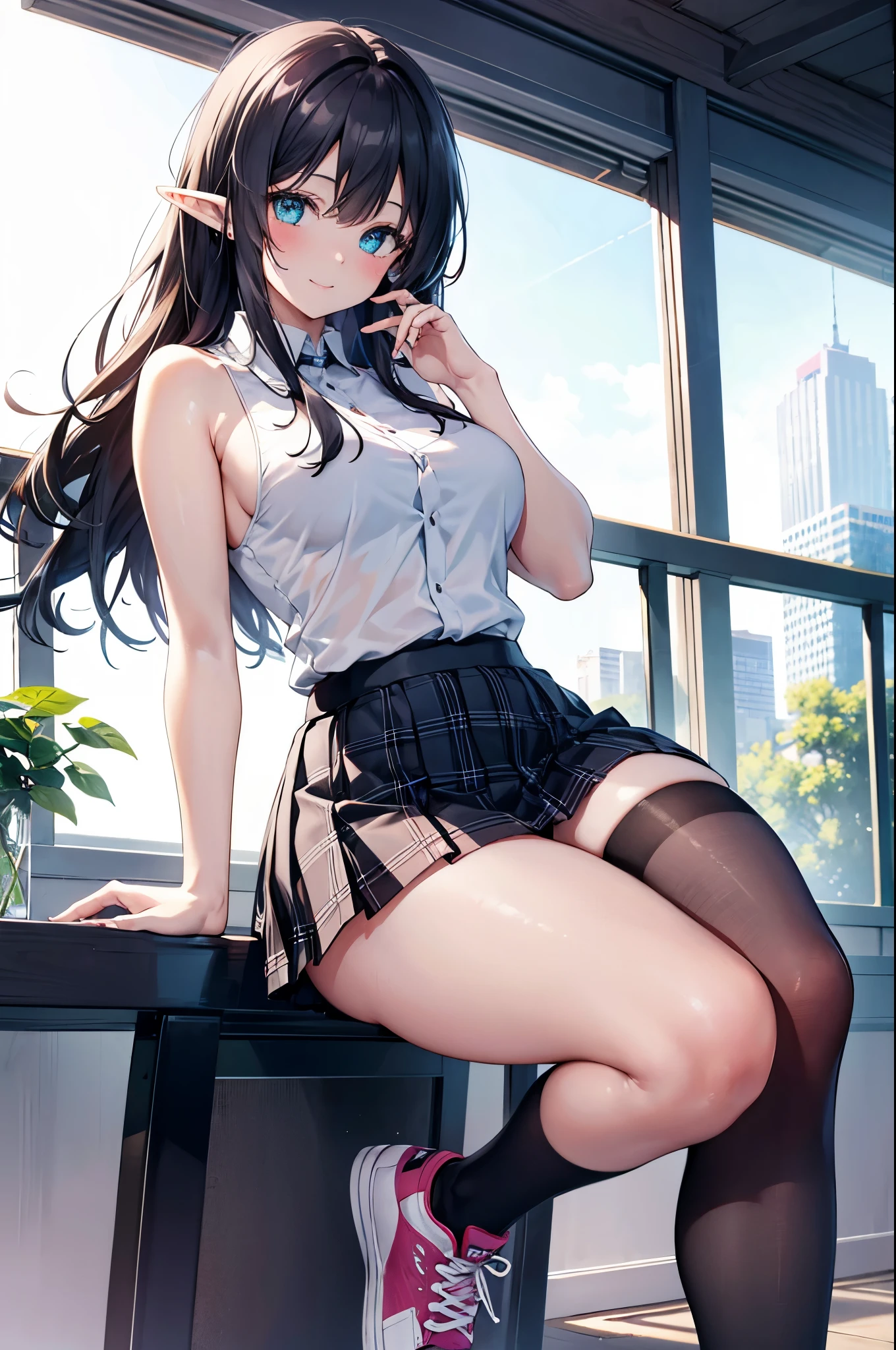 realistic image, coherent image, detailed image, 1 beautiful elf, She has black hair, long hair, turquoise eyes, her face is oval and delicate, Blushing, smiling, She is wearing a transparent sleeveless shirt, plaid pleated miniskirt, stockings to mid-thigh, sneakers. She has a curvy body, medium breasts, thick thighs, shy pose, black bottom,