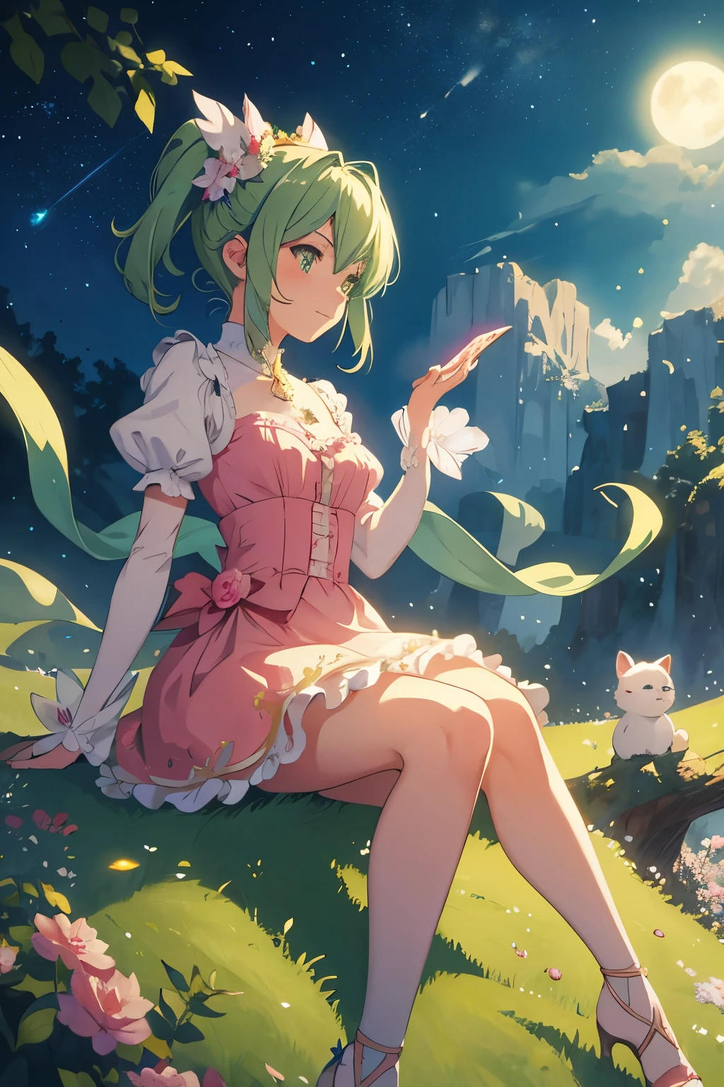 Masterpiece, two characters, sitting atop a green hill, gazing at a full moon with pink heart-shaped craters, adorable digital painting, cute and detailed digital art, digital anime illustration, captivating depiction of a boy and girl, by the hands of Cyril Roland and Goro Fujita, or Lois van Baarle and Rossdraws, brimming with charm and intricacy, high resolution, sharp focus, soft shading, darling expressions, heartwarming scene, under the star-lit sky, expansive foreground, vibrant palette, enchanting art style.
