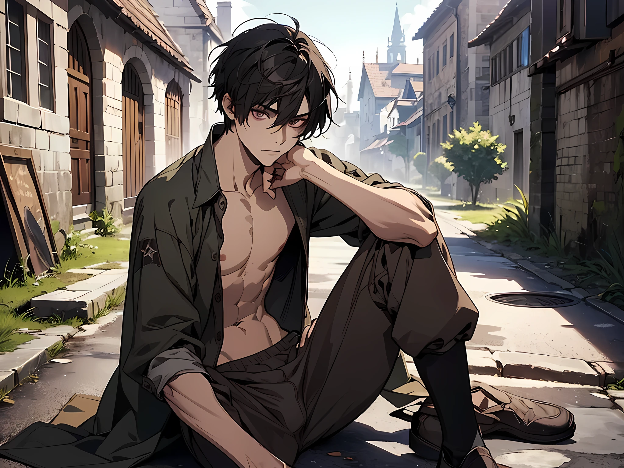 1 man, wearing only underwear, pants less, shirtless, beggar, poor, short hair, black hair, weak, detailed eyes, face to detail, sitting on the edge of the sewer, medieval era MMORPG theme game, half-body illustration, camera angle equal to character