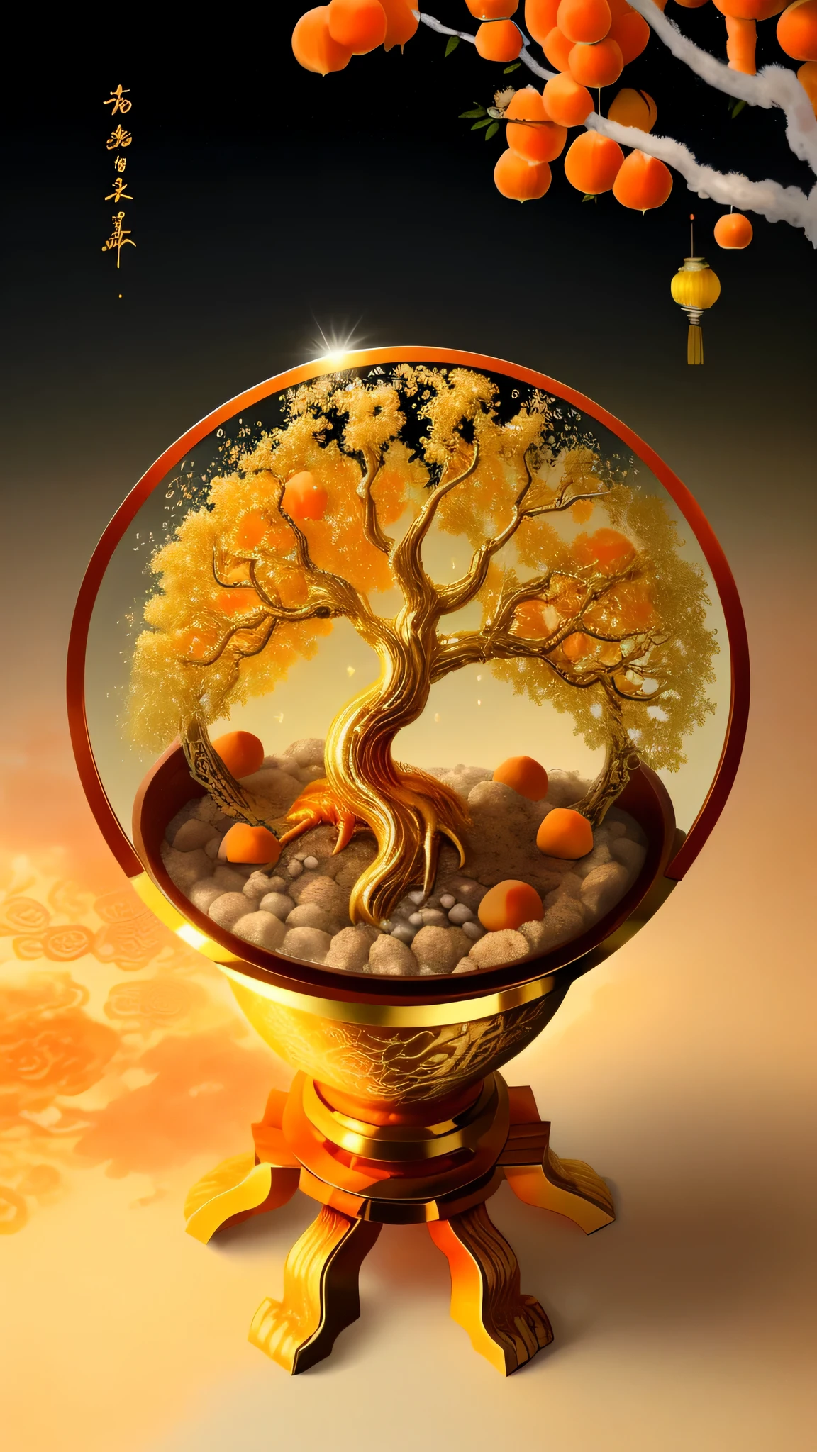 (Golden apricot tree), fortune, Eastern culture, Lunar New Year. Sparkling, (scattered gold coins placed in a dragon-carved pot:0.1)