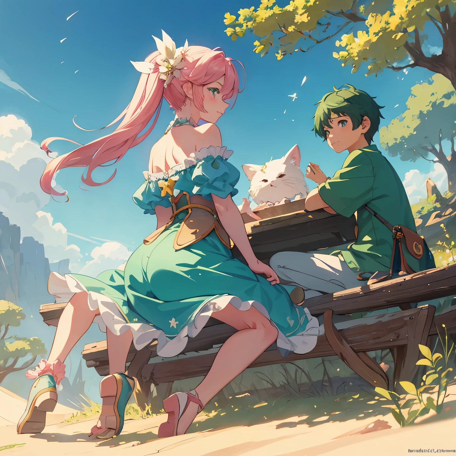 Masterpiece, two characters, sitting atop a green hill, gazing at a full moon with pink heart-shaped craters, adorable digital painting, cute and detailed digital art, digital anime illustration, captivating depiction of a boy and girl, by the hands of Cyril Roland and Goro Fujita, or Lois van Baarle and Rossdraws, brimming with charm and intricacy, high resolution, sharp focus, soft shading, darling expressions, heartwarming scene, under the star-lit sky, expansive foreground, vibrant palette, enchanting art style.