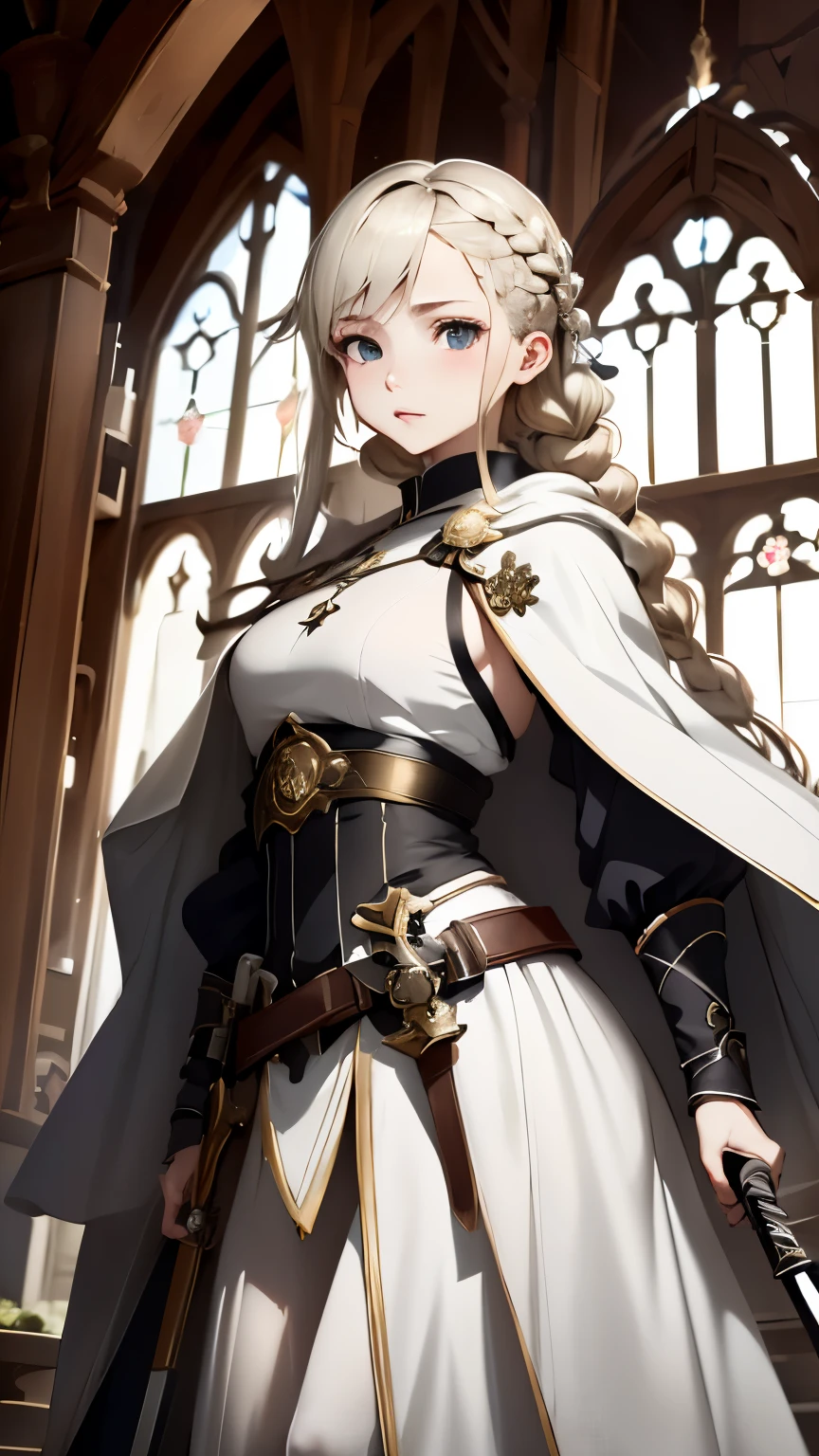 one woman、Rin々new appearance、Rinとした表情、cold look、medieval monk、pure white battle uniform、blonde、french braid、have a sword、white cloak、Sword Art Online、(masterpiece, highest quality, highest quality, official art, beautiful and aesthetic:1.2)