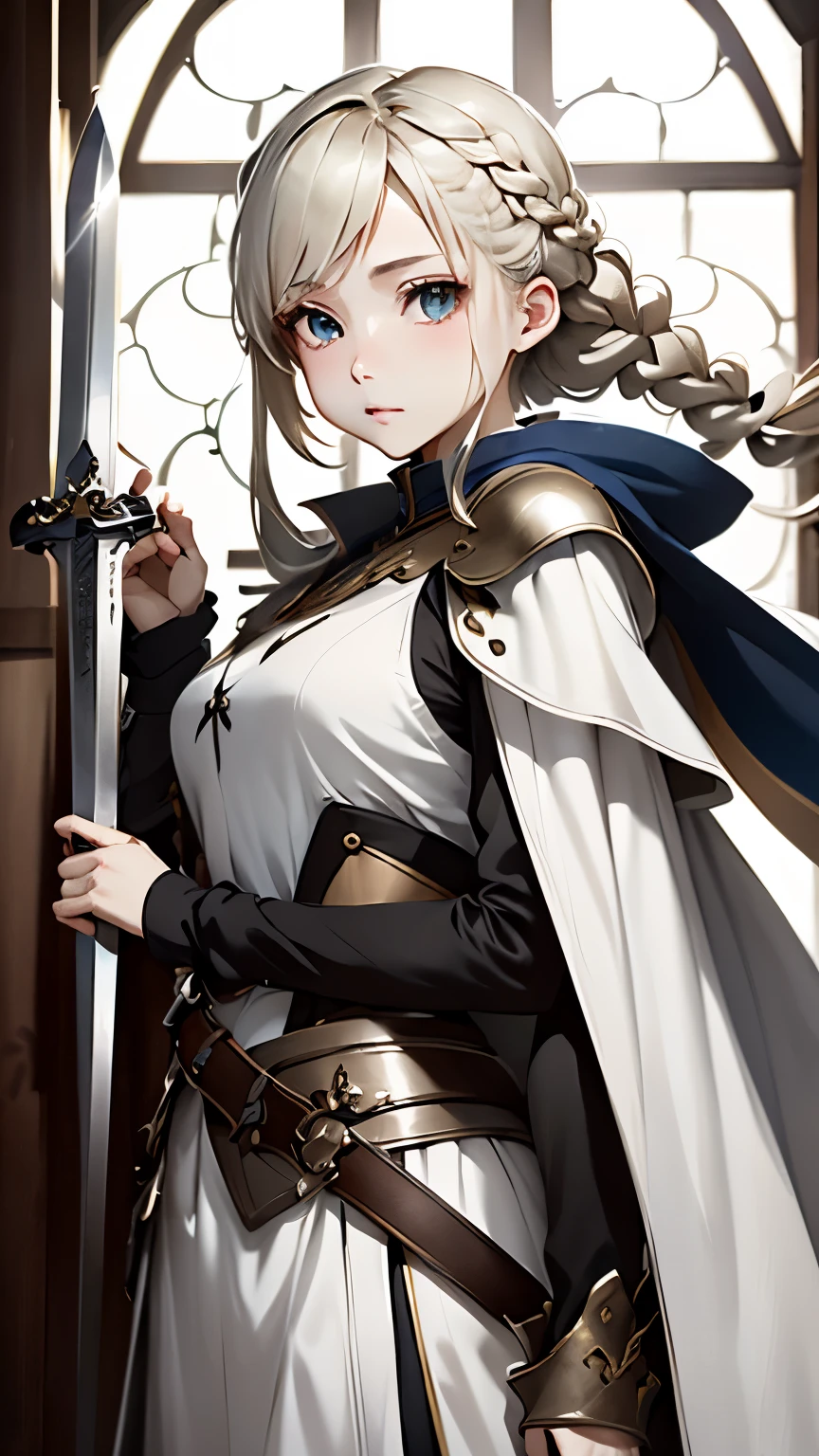 one woman、Rin々new appearance、Rinとした表情、cold look、medieval monk、pure white battle uniform、blonde、french braid、have a sword、white cloak、Sword Art Online、(masterpiece, highest quality, highest quality, official art, beautiful and aesthetic:1.2)