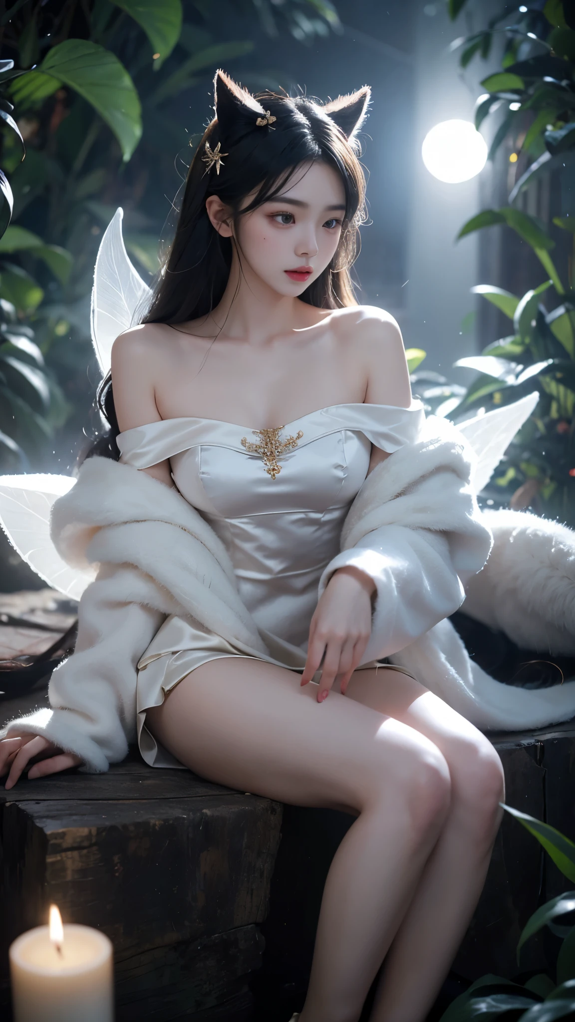 Ahri_Cosplay, White Tails, Black long hair, yellow eyes, (masterpiece, best quality:1.2), 1girl, solo, ((off shoulder clothes)), ((night)), lantern, Candle light, In the depths of Wonderland,The moonlight falls like water,foggy room,The figure of the heroine is vaguely visible,Just like the fairy in the painting,Slender sexy legs,Very nice legs,Leaking sexy legs,Big breasts,美丽而又带着一丝mystery的色彩。Her face is beautiful and delicate,Like finely carved jade,Showing otherworldly beauty。The eyebrows are picturesque,The waves in my eyes are like twinkling stars,Show the light of perseverance and wisdom。The bridge of the nose is straight,Lip color like cherry,The slightly raised corners of the mouth reveal confidence and calmness。Her face is well defined,The skin is as fair as jade,Reveals a healthy glow,Just like a fairy, she never eats fireworks in the world。Her makeup is light and delicate,Not too much embellishment,But enough to show her temperament and charm。Light-colored foundation brings out the transparency of the skin,A light eyebrow pencil outlines her perfect eyebrow shape,Eye makeup is eye shadow and eyeliner,Make her eyes brighter and more energetic。嘴唇涂上grace的口红,Adds a bit of charm and sophistication。她的衣服grace别致,Clothes flutter,It seems like it will be blown up by the wind at any time,drifting into the distance。既不失grace,Also showed her extraordinary skills。Rocking with her movements。Her hair is tied back casually,Secure it with a hosta,A few strands of hair are fluttering gently in the wind,Adds a bit of softness。Her figure is looming in the fairyland,宛如一道Big breasts美丽的风景线,attracted everyone's attention。She seems to be a fairy in wonderland,Big breasts美丽、grace、mystery、and full of power。
