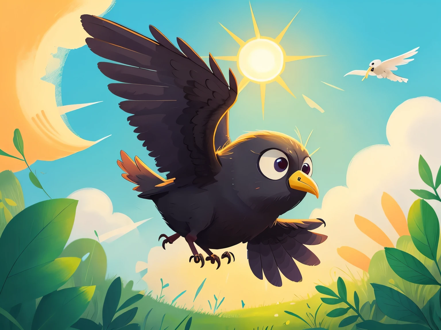 A flying crow,close up,sun,Sky,cartoon,illustration