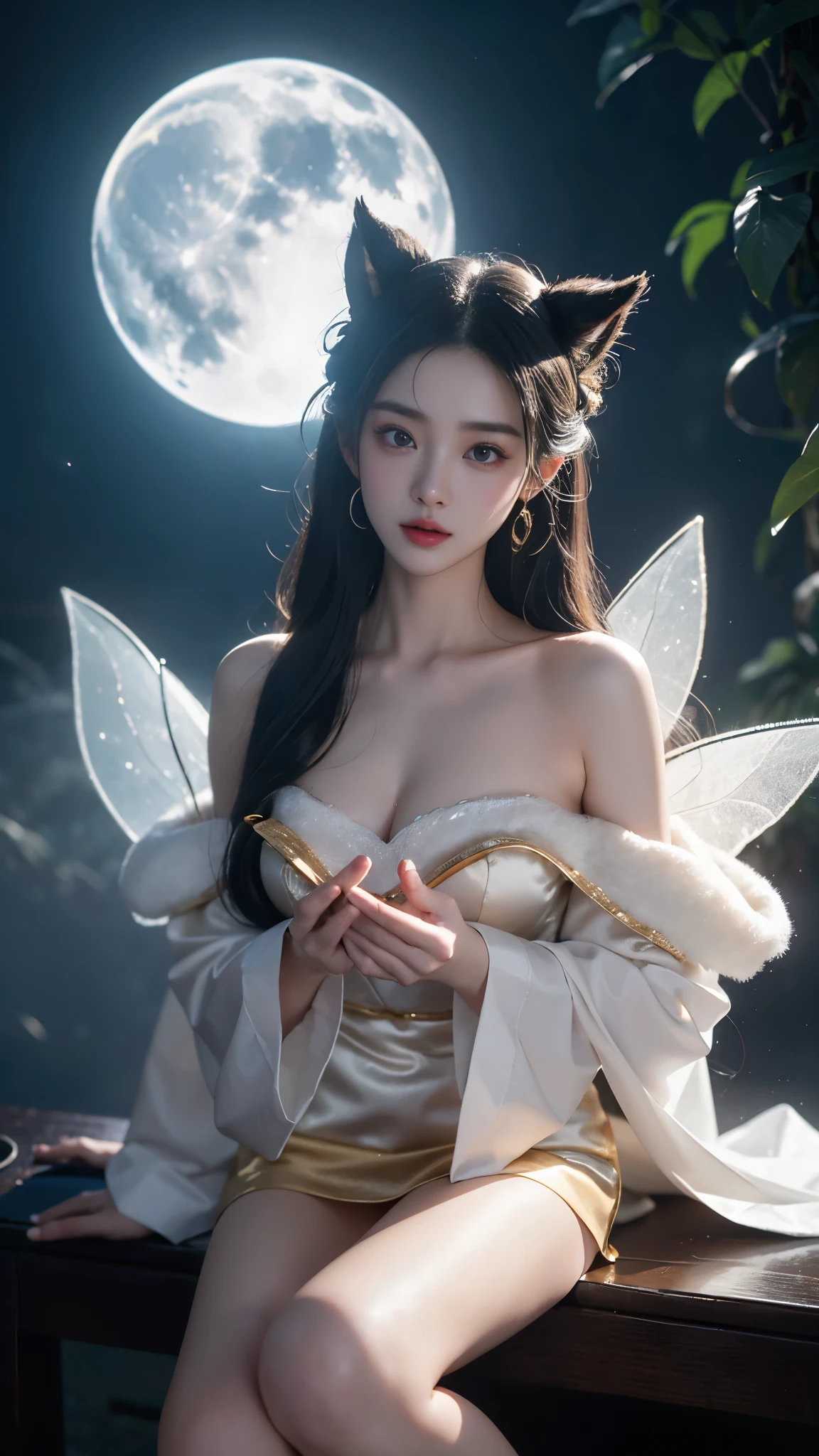 Ahri_Cosplay, White Tails, Black long hair, yellow eyes,  (masterpiece, best quality:1.2), 1girl, solo, ((off shoulder clothes)), ((night)), lantern, Candle light, In the depths of Wonderland，The moonlight falls like water，foggy room，The figure of the heroine is vaguely visible，Just like the fairy in the painting，Slender sexy legs，Very nice legs，Leaking sexy legs，Big breasts，美丽而又带着一丝mystery的色彩。Her face is beautiful and delicate，Like finely carved jade，Showing otherworldly beauty。The eyebrows are picturesque，The waves in my eyes are like twinkling stars，Show the light of perseverance and wisdom。The bridge of the nose is straight，Lip color like cherry，The slightly raised corners of the mouth reveal confidence and calmness。Her face is well defined，The skin is as fair as jade，Reveals a healthy glow，Just like a fairy, she never eats fireworks in the world。Her makeup is light and delicate，Not too much embellishment，But enough to show her temperament and charm。Light-colored foundation brings out the transparency of the skin，A light eyebrow pencil outlines her perfect eyebrow shape，Eye makeup is eye shadow and eyeliner，Make her eyes brighter and more energetic。嘴唇涂上grace的口红，Adds a bit of charm and sophistication。她的衣服grace别致，Clothes flutter，It seems like it will be blown up by the wind at any time，drifting into the distance。既不失grace，Also showed her extraordinary skills。Rocking with her movements。Her hair is tied back casually，Secure it with a hosta，A few strands of hair are fluttering gently in the wind，Adds a bit of softness。Her figure is looming in the fairyland，宛如一道Big breasts美丽的风景线，attracted everyone&#39;s attention。She seems to be a fairy in wonderland，Big breasts美丽、grace、mystery、and full of power。