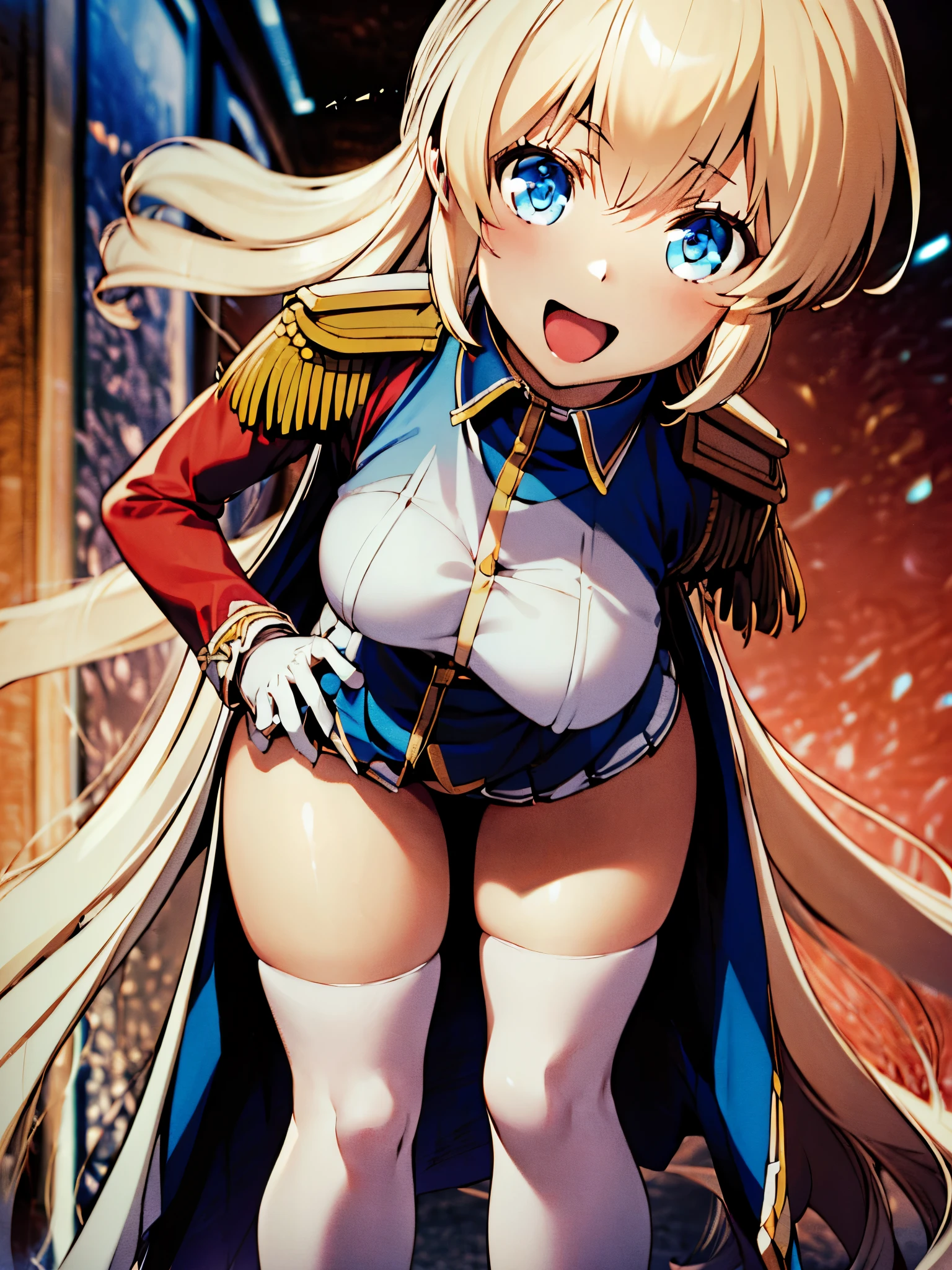 Yuinshiel Asteria, blonde long hair,(Epaulette blue long coat, red shirts, white skirts), blue eyes, white gloves, white thighhigh, (masterpiece:1.4), (high_resolution:1.4), ((realistic, photo-realistic:1.2), (high detailed skin:1.4), (light smile:0.9), (open mouth:0.5), (closed eyes:0.5), (wide hips:1.2), (masterpiece, best quality, ultra-detailed, intricate details_1.2), (absurdres), detailed background, (((breath))), 1igrl, (((thin waist))), finely detailed, hyper realistic, (((Ray Tracing))), dramatic, (((bright beautiful detailed eyes))), (((best quality, masterpiece, 8k,4k, Ultra Quality))), light rays, colorful, beautiful, vibrant colors, sharp focus, realism, smile, sleepy, happy, joy, (((extremely absurdres))), indoor, assup, bending down, pantie pull, spread ass