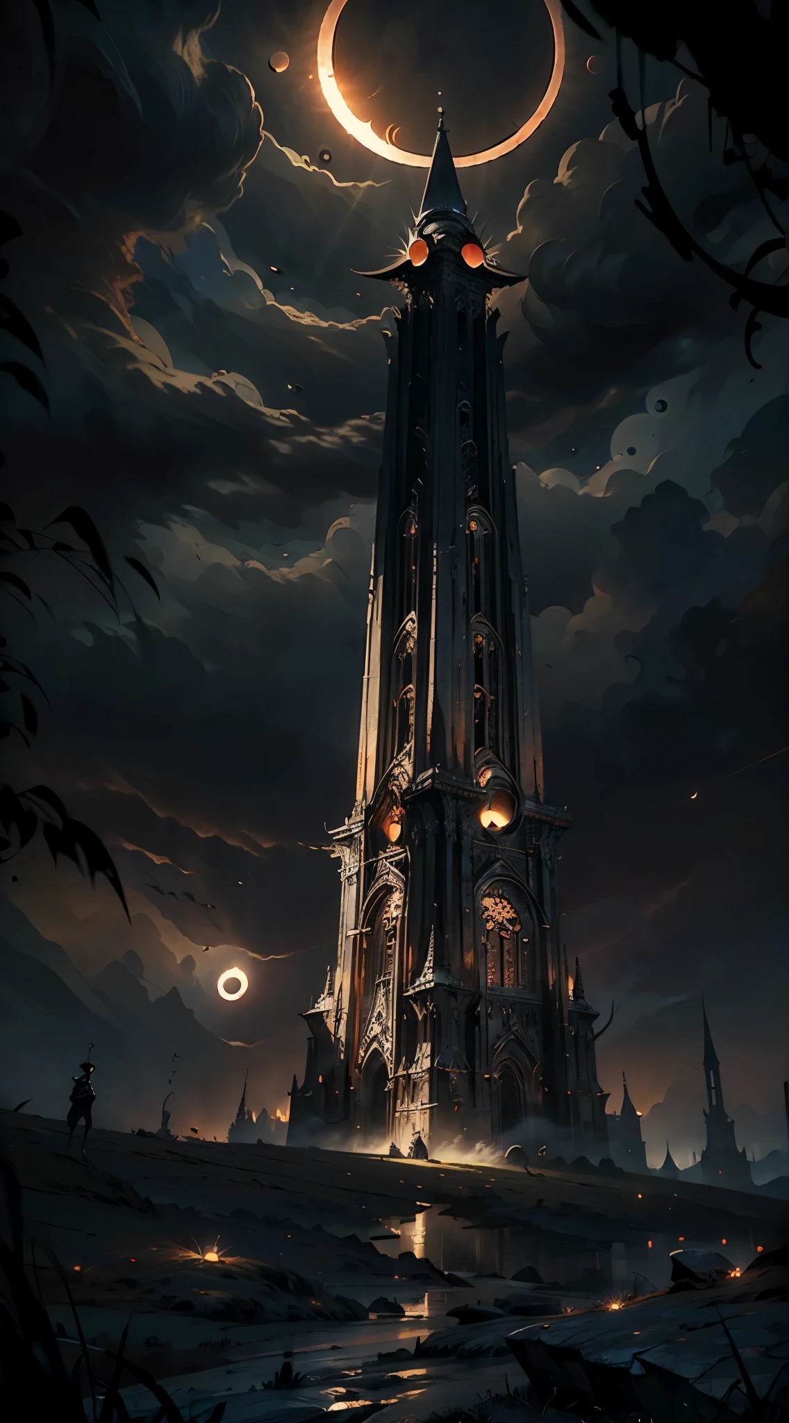 (masterpiece:1.5), best quality, extremly detailed, dark fantasy tower wtith spiky roof, wide base, dark tower, centered focus, view from the bottom of the tower, apocalypse, (solar eclipse:1.4), landscape, dark atmosphere, dark fantasy style, epic emotions, red and black and orange colors, hellsih landscape, apocaliptic ladscape,  dark picture, (epic), no_humans, cinematic, epic atmosphere, foggy ground, apocaliptic scenery