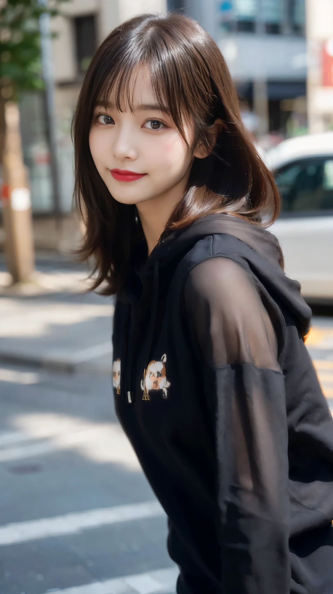 highest quality, Real sticks, super detailed, finely, High resolution, In 8K、wallpaper, perfect dynamic composition, beautiful and fine eyes, black hoodie, bob hair, medium hair, bangs, black haired, middle of chest, natural color lip, The orientation of the body is frontal,smile,Tower Mansion