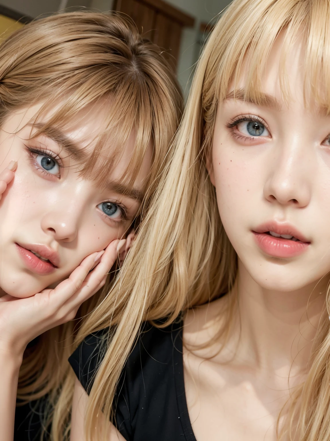 two women with long blonde hair and red lips posing for a picture, lalisa manobal, popular south korean makeup, ulzzang, lalisa manoban of blackpink, nixeu and sakimichan, popular korean makeup, sakimichan, the hime cut, with bangs, with full bangs, portrait of jossi of blackpink