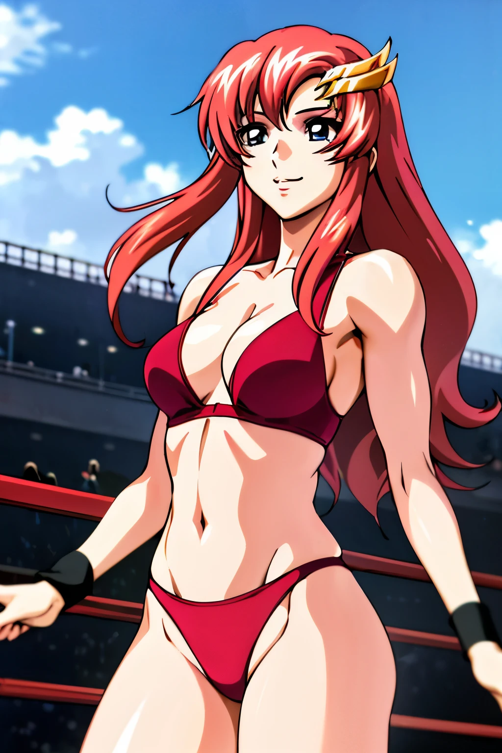 lacus4, (red bikini, groin lines), (masterpiece, victory pose, very slim shoulders, 4K, Best Quality, Anime style: 1.9, happy, Adult Woman, (ultra detailed head), (arena with crowd, cloud background), Drawing lines, high resolution, lacus4), 1girl, Solo, curvy figure, Long hair, 鎖骨, scapular, (Detailed wide hair bangs, Hair Ornament, Detailed reddish-pink hair, shiny streaks, slim arms, detailed golden crest), cleavage, large hands, (hair cover shoulders). (Big blue eyes, shiny eyes), ((female wrestler, (slim body), little biceps, slim arms, closed fists, thighs)), ((perfect proportions, medium breasts, long belly)), ((totally red bra, neck band, bracelets))), smile, (standing, hot colors), detailed fingers, (bare shoulders)
