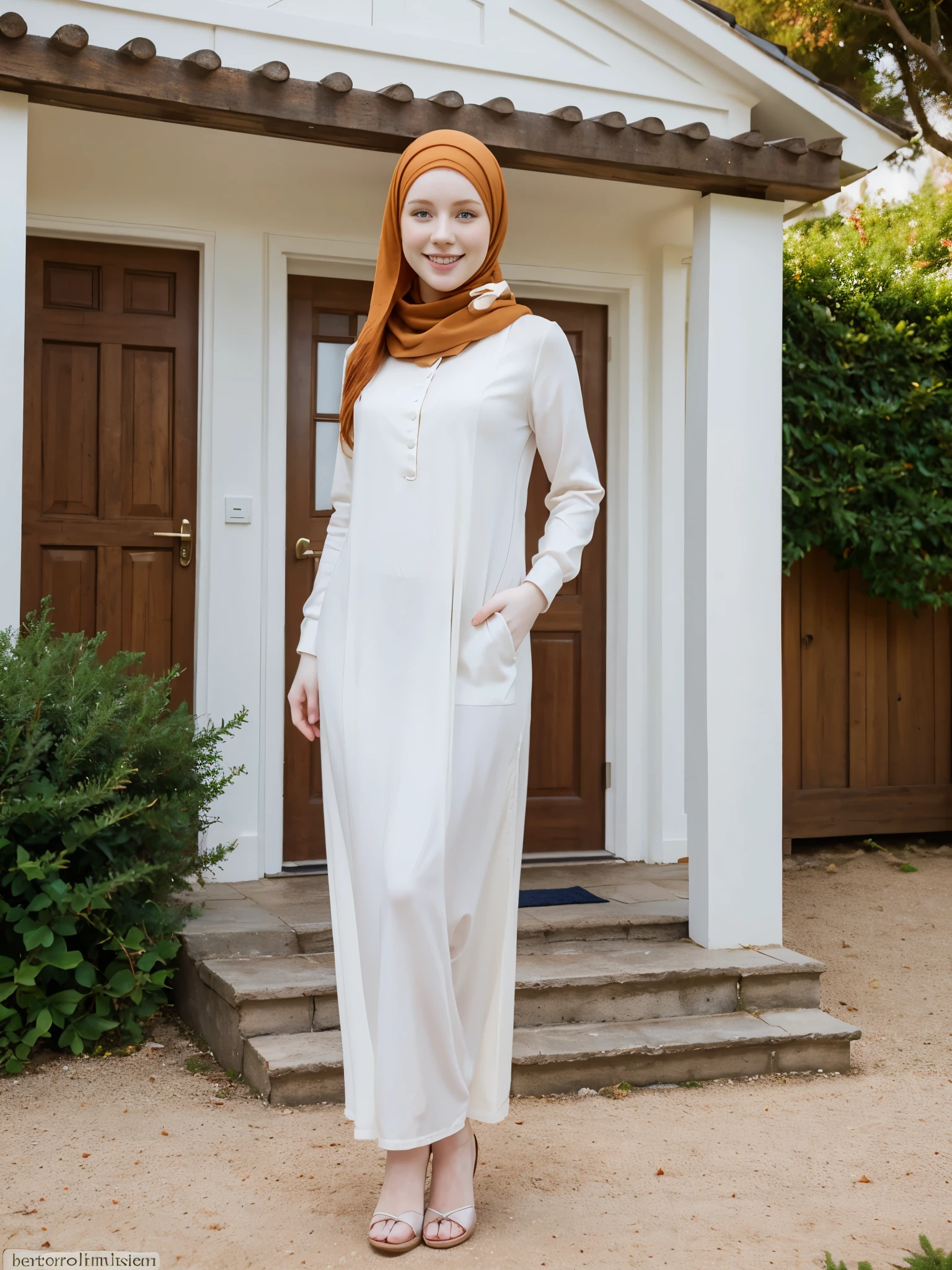 (1woman), full body shot of a beautiful ginger woman, standing in front of the house, very porcelain skin, freckles, very fair skin, extremely pale skin, smiling, wearing turkish hijab
