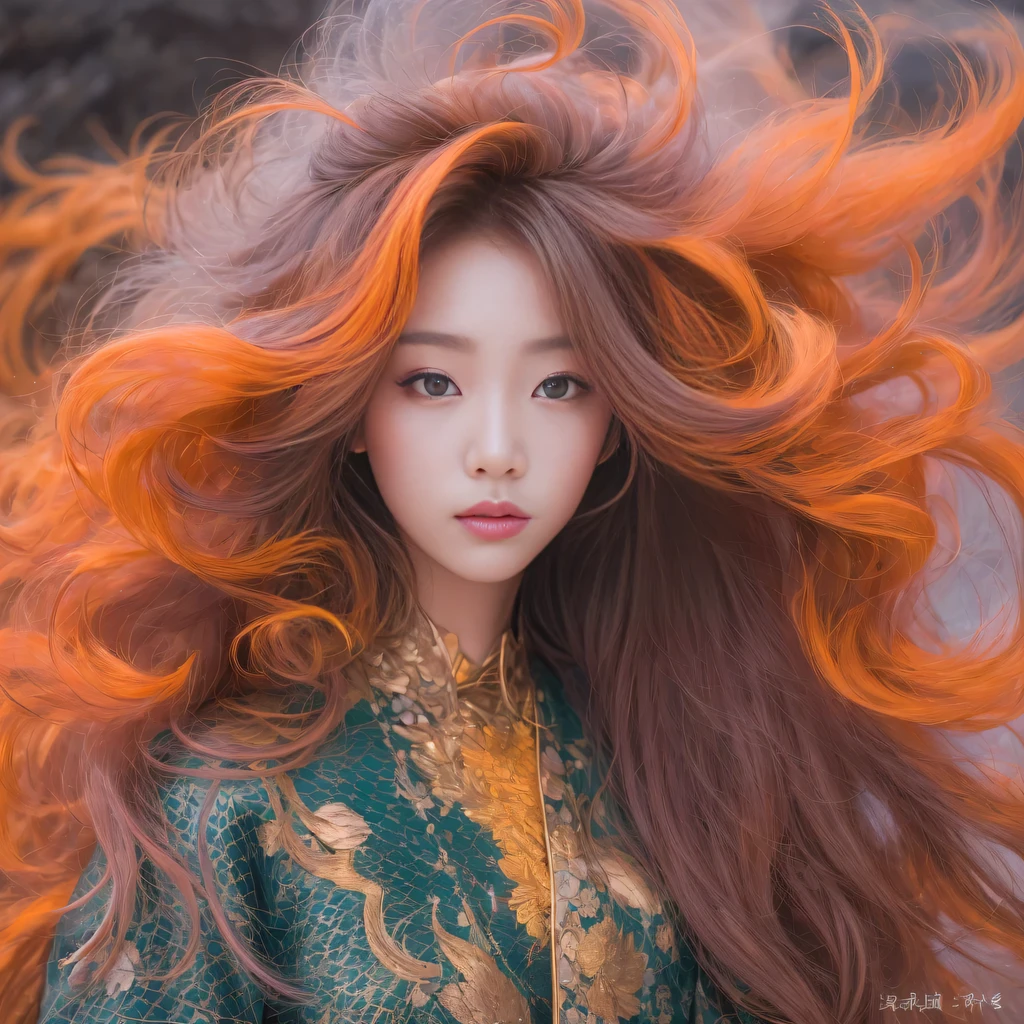 3860 Cyberpunk Year（masterpiece，HD，超HD，32k）Bright purple flowing hair，autumn pond，we disagree， a color， Asian （Michiko）， （silk scarf）， fighting stance， looking at the ground， Orange gradient long hair， Floating bright purple， Fire cloud gold headdress， Chinese long-sleeved gold silk garment， （Abstract ink splash：1.2），mars background，lotus（realistically：1.4），Bright purple hair，Smoke on the road，The background is very pure， high resolution， detail， original photo， Sharp Re， Nikon D850 film photo by Jefferies Lee 4 Kodak Portra 400 camera F1.6 guns, rich and colorful, Super real、Vivid textures, dramatic lighting, Unreal Engine Art Station Trend, Silicon Nest 800，Bright purple flowing hair