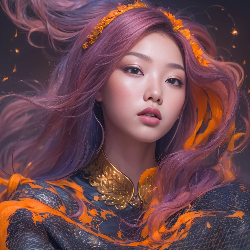 3860 Cyberpunk Year（masterpiece，HD，超HD，32k）Bright purple flowing hair，autumn pond，we disagree， a color， Asian （Michiko）， （silk scarf）， fighting stance， looking at the ground， Orange gradient long hair， Floating bright purple， Fire cloud gold headdress， Chinese long-sleeved gold silk garment， （Abstract ink splash：1.2），mars background，lotus（realistically：1.4），Bright purple hair，Smoke on the road，The background is very pure， high resolution， detail， original photo， Sharp Re， Nikon D850 film photo by Jefferies Lee 4 Kodak Portra 400 camera F1.6 guns, rich and colorful, Super real、Vivid textures, dramatic lighting, Unreal Engine Art Station Trend, Silicon Nest 800，Bright purple flowing hair
