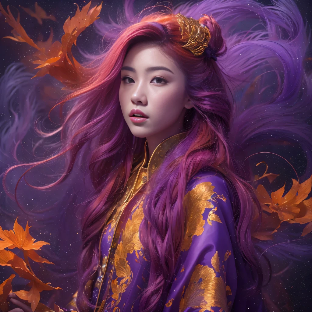 3860 Cyberpunk Year(masterpiece,HD,超HD,32k)Bright purple flowing hair,autumn pond,we disagree, a color, Asian (Michiko), (silk scarf), fighting stance, looking at the ground, Orange gradient long hair, Floating bright purple, Fire cloud gold headdress, Chinese long-sleeved gold silk garment, (Abstract ink splash:1.2),mars background,lotus(realistically:1.4),Bright purple hair,Smoke on the road,The background is very pure, high resolution, detail, original photo, Sharp Re, Nikon D850 film photo by Jefferies Lee 4 Kodak Portra 400 camera F1.6 guns, rich and colorful, Super real、Vivid textures, dramatic lighting, Unreal Engine Art Station Trend, Silicon Nest 800,Bright purple flowing hair