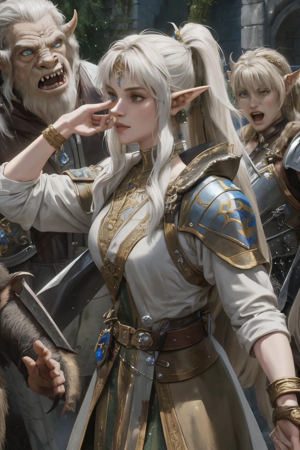 8k, best quality, masterpiece, Very detailed, semi-realistic, 1 girl, adult, 20 years old, long hair, high ponytail, Bangs, Sword in hand, Elf，(Caught by orcs:1.3), struggle