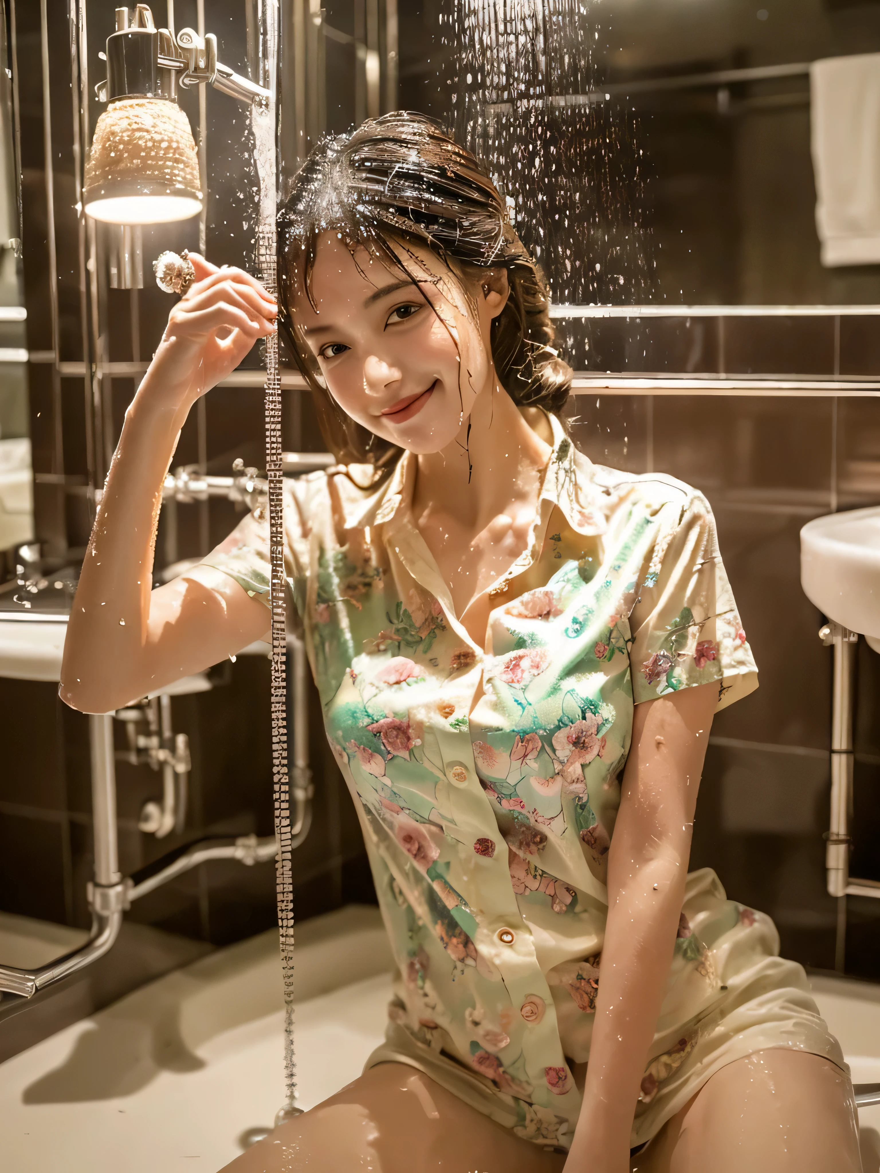 ((top Quority,8k,tmasterpiece:1.3)),female(bathroom),sweaty,water droplets on forehead,exterior,background cityscape,overlooking,sharp focus:1.2,可愛いfemale性:1.4,(((layered hairstyles)),(Floral Shirt),Highly detailed face and skin and hair texture,結びeyeのあるブルネットの髪,wet textured hair,Moist body,詳細なeye,shower,white skin,beautiful feet、beautiful delicate nose,かわいい若い日本人female性,20-year-old,Smile、dynamic angle,Deleite para la vista,Compositional suggestibility,while emphasizing the subject's hair.,eye,mouth and movements,at the same time、It creates a chaotic mood characterized by a mixture of muted tones and contrasts of light and shadow.。