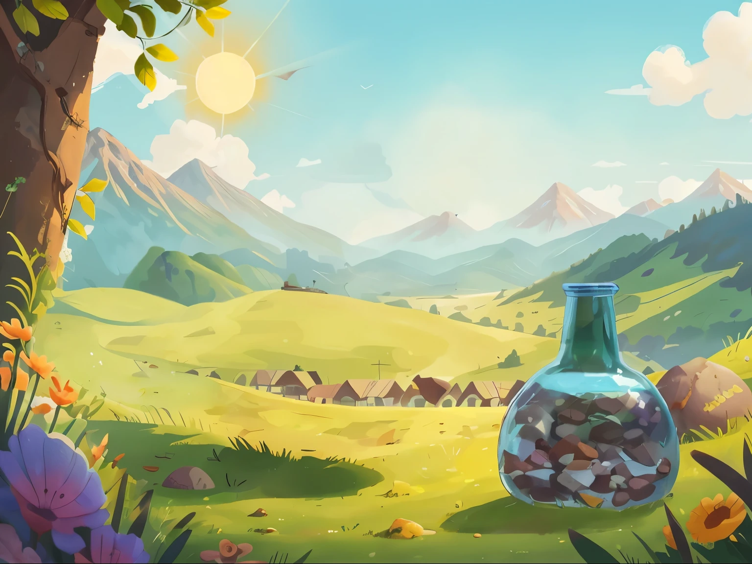 A glass bottle with small stones and a small amount of water located in the grass, flores, pedras, close-up, sol, sky, montanhas, casas, sol, cartoon illustration