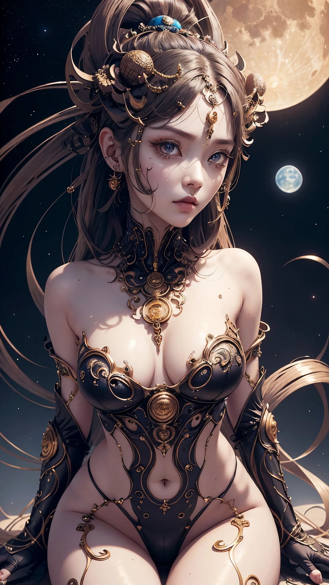 whole body像，（best quality，Super detailed，Best Best Illustration，best shadow，masterpiece，high resolution，professional artwork，famous artwork），细致s eyes，美丽s eyes，Close-up cleavage，Wind and clouds，Colored sclera，s eyes，facial markings，Tattoos are，（fractal，fractal eyes），big eyes，big eyes，（eye focus），surface focus，cosmic eye，space eye，Close up of metal sculpture of woman with moon in her hair，welcome。extremely high detail，3 d welcomes portrait，Extremely detailed footage of the welcomes，a stunning portrait of a welcomes，Side image of the welcomes，portrait of a beautiful welcomes，Full body close-up portrait of the welcomes，hecate welcomes，portrait of a norse moon welcomes，welcomes of space and time，(original photo:1.2)，camel toe，hollowed out，Sweaty legs，， smooth pink skin, shining金属光泽皮肤, shining，spread legs，M-shaped legs，angry expression，sullenness，exasperation， whole body，whole body像