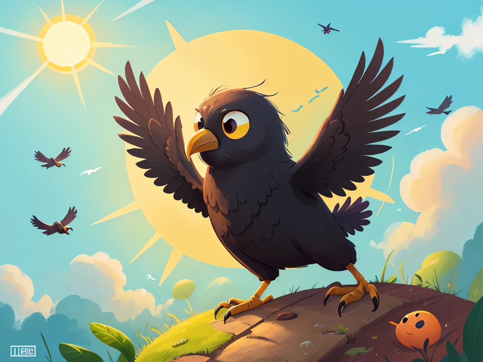 A flying crow，close up，sun，Sky，cartoon，illustration