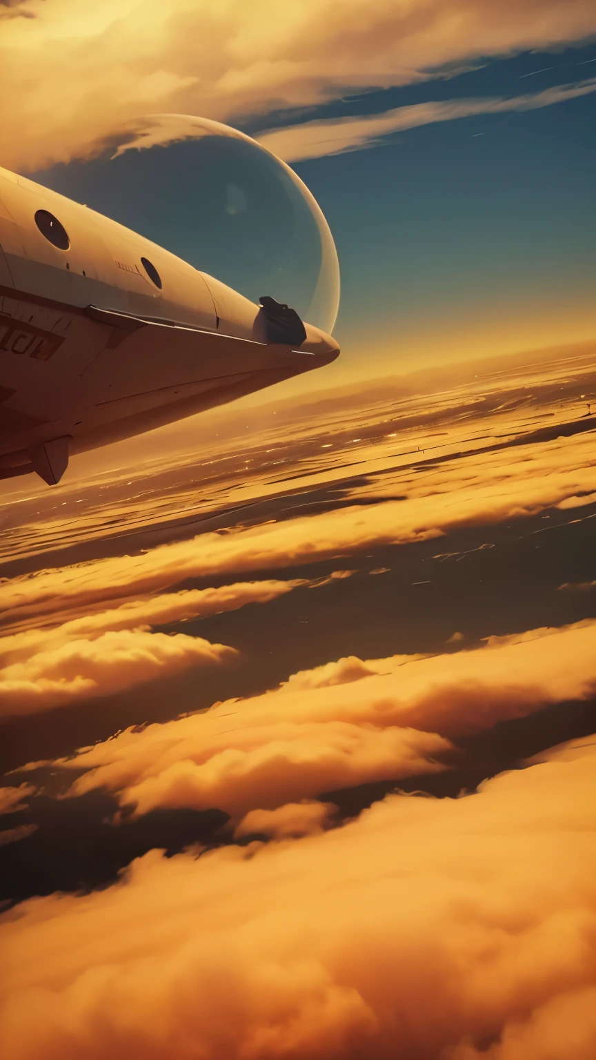 ariel view, create a single image of planet afar, bird's eye view of horizon (Best quality,4K,8K,A high resolution,Masterpiece:1.2),Ultra-detailed,(Realistic,Photorealistic,photo-realistic:1.37),Futuristic floating cities , lots of clouds,Futuristic technology,Huge high-tech tablet platform, Airships,Floating in the sky,Futuristic city,Small airships around,High-tech hemispherical platforms, city floating on lots of clouds, city on top of clouds, clouds at bottom, golden yellow tones ,sunset, hot weather,city floating on desert, summer, yellow sky, yellow orange clouds, hot summer, multiple cities, birds eye view, heart shaped floating city, lots of clouds, view from space. city on clouds, view from plane