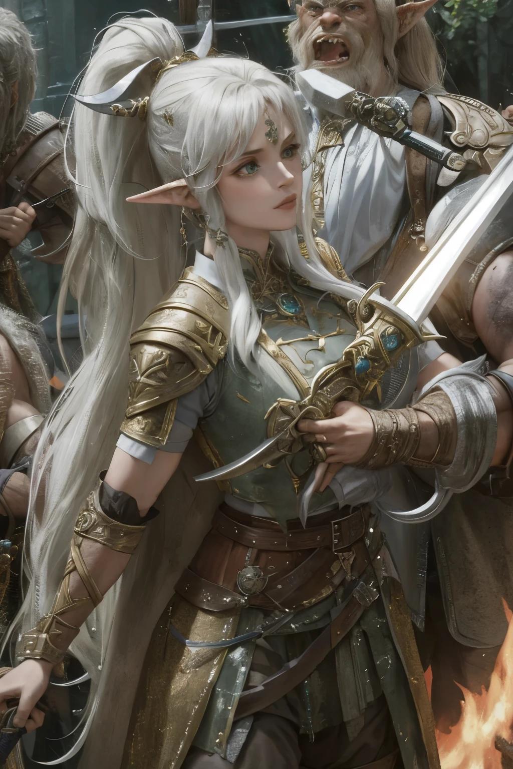 8k, best quality, masterpiece, Very detailed, semi-realistic, 1 girl, adult, 20 years old, long hair, high ponytail, Bangs, Sword in hand, Elf，(Caught by orcs:1.3), struggle