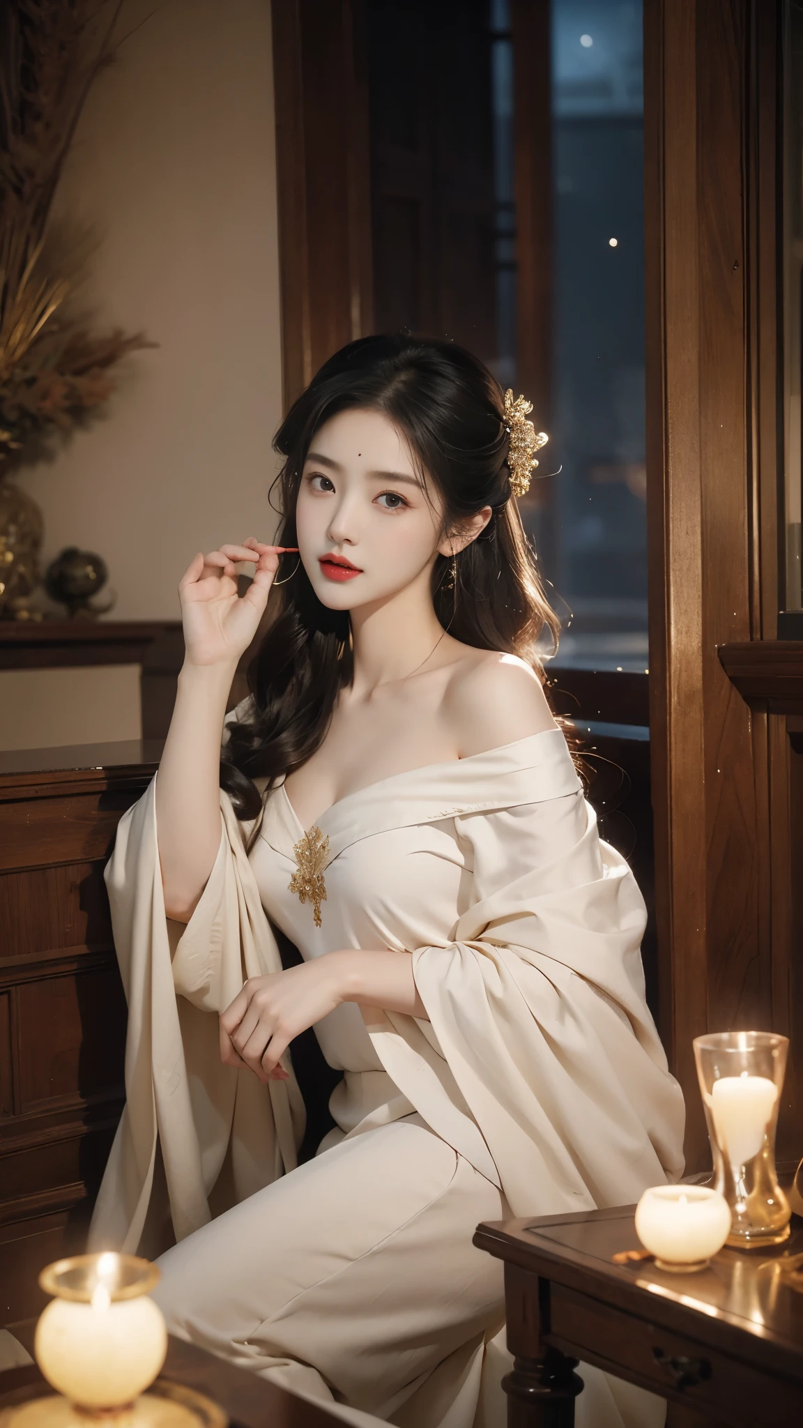 (masterpiece, best quality:1.2), 1girl, solo, ((off shoulder clothes)), ((night)), lantern, Candle light, In the depths of Wonderland,The moonlight falls like water,foggy room,The figure of the heroine is vaguely visible,Just like the fairy in the painting,Slender sexy legs,Very nice legs,Leaking sexy legs,Big breasts,美丽而又带着一丝mystery的色彩。Her face is beautiful and delicate,Like finely carved jade,Showing otherworldly beauty。The eyebrows are picturesque,The waves in my eyes are like twinkling stars,Show the light of perseverance and wisdom。The bridge of the nose is straight,Lip color like cherry,The slightly raised corners of the mouth reveal confidence and calmness。Her face is well defined,The skin is as fair as jade,Reveals a healthy glow,Just like a fairy, she never eats fireworks in the world。Her makeup is light and delicate,Not too much embellishment,But enough to show her temperament and charm。Light-colored foundation brings out the transparency of the skin,A light eyebrow pencil outlines her perfect eyebrow shape,Eye makeup is eye shadow and eyeliner,Make her eyes brighter and more energetic。嘴唇涂上grace的口红,Adds a bit of charm and sophistication。她的衣服grace别致,Clothes flutter,It seems like it will be blown up by the wind at any time,drifting into the distance。既不失grace,Also showed her extraordinary skills。Rocking with her movements。Her hair is tied back casually,Secure it with a hosta,A few strands of hair are fluttering gently in the wind,Adds a bit of softness。Her figure is looming in the fairyland,宛如一道Big breasts美丽的风景线,attracted everyone's attention。She seems to be a fairy in wonderland,Big breasts美丽、grace、mystery、and full of power。