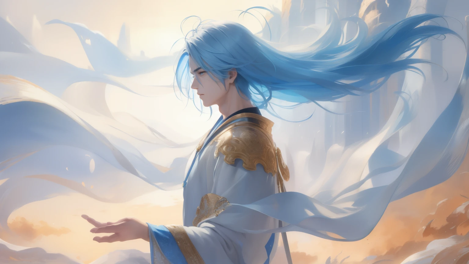 beautifully painted, high quality, Super detailed CG illustration of a young man with a calm expression, stare into the distance,His striking light blue hair blew gently in the desert breeze. The landscape behind him is vast and stunning, Taking viewers into a world of wonder and discovery.