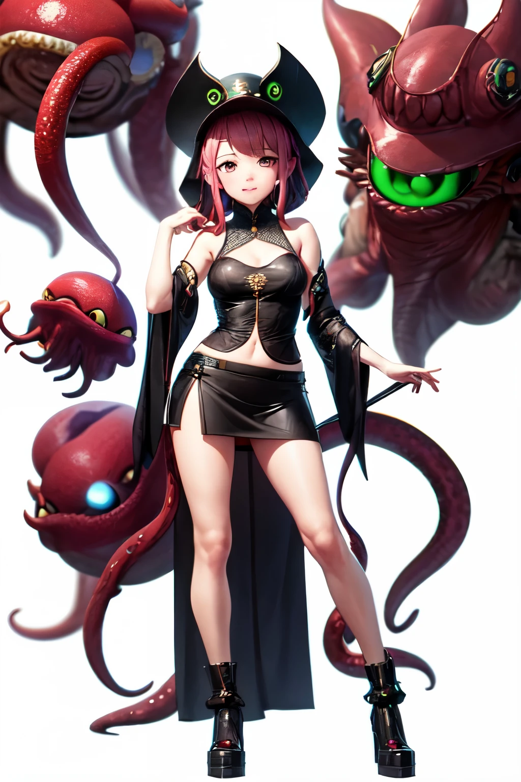 8K,  1girl, it, teeawaii vampire, crimson hair, short hair, red eyes, fang, bat wings, smile, (blush), (shy), pointed ears, looking at viewer,  dynamic angle, wind, game cg, fantastic scenery, demon tail, thin tail, black horns, medium breast, show full body, tentacles, naked, horny