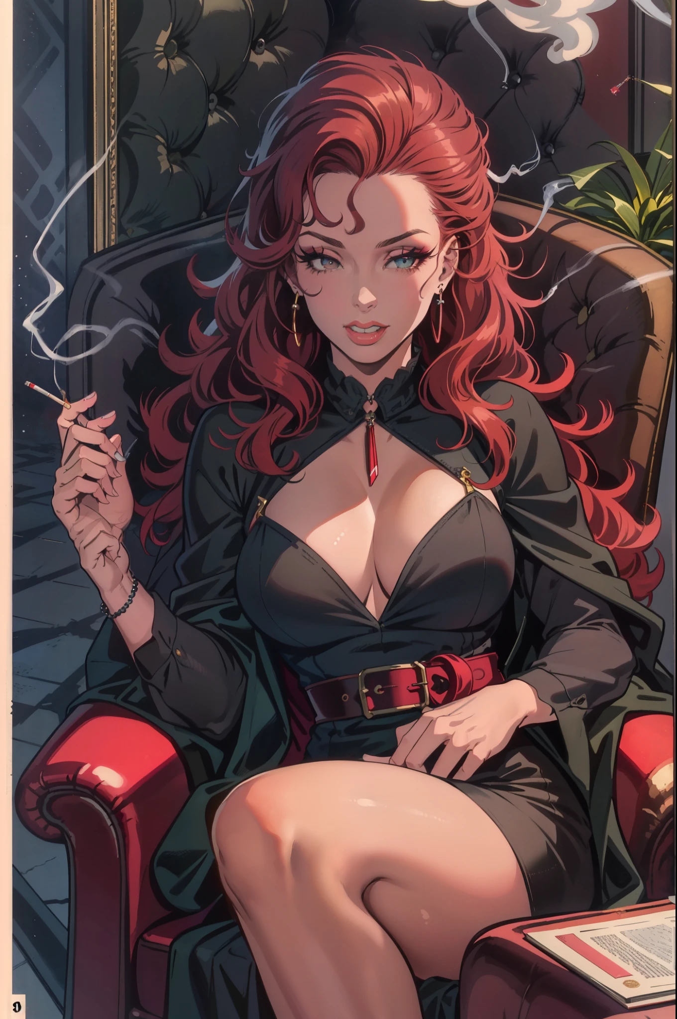 (masterpiece),(best quality),(ultra-detailed),(best illustration),(best shadow),(absurdres),(detailed background), full body shot, women, long red hair, 1950s, Black dress, make up, 1950's Club background, elegant, cigarette, smoking, sitting,