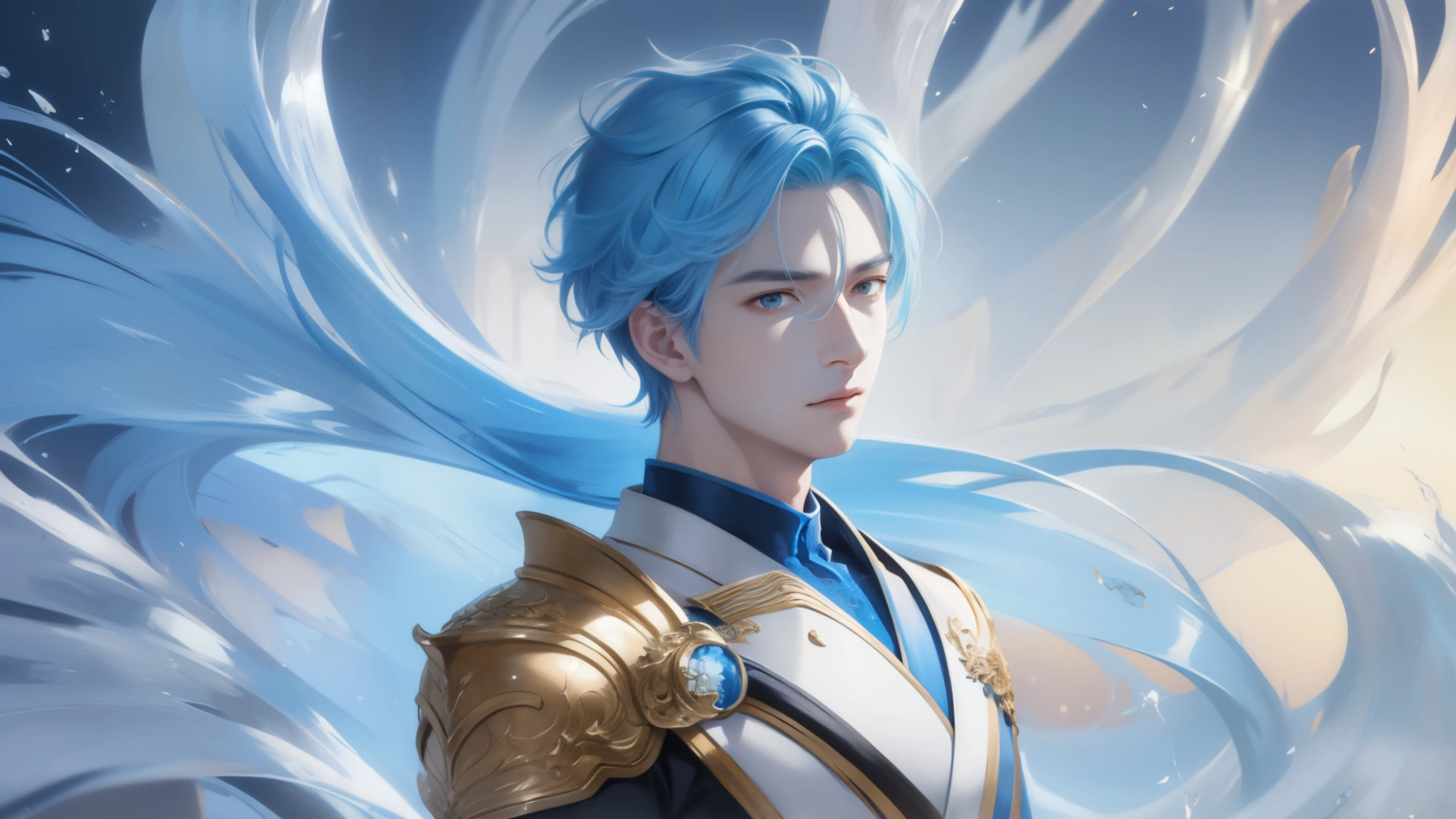 beautifully painted, high quality, Super detailed CG illustration of a young man with a calm expression, stare into the distance，His striking light blue hair blew gently in the desert breeze. The landscape behind him is vast and stunning, Taking viewers into a world of wonder and discovery.