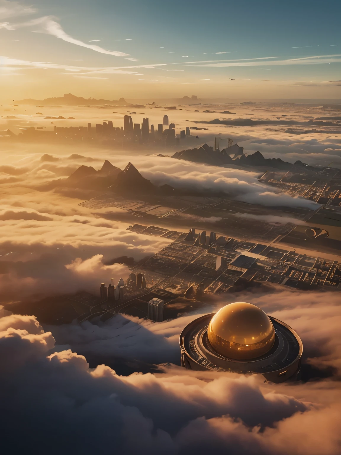 ariel view, bird's eye view of horizon (Best quality,4K,8K,A high resolution,Masterpiece:1.2),Ultra-detailed,(Realistic,Photorealistic,photo-realistic:1.37),Futuristic floating cities , lots of clouds,Futuristic technology,Huge  high-tech tablet platform, Airships,Floating in the sky,Futuristic city,Small airships around,High-tech hemispherical platforms, city floating on lots of clouds, city on top of clouds,  clouds at bottom, golden yellow tones ,sunset, hot weather,city floating on desert, summer, yellow sky, yellow orange clouds, hot summer, multiple cities, birds eye view, heart shaped floating city, lots of clouds, view from space. city on clouds, view from plane