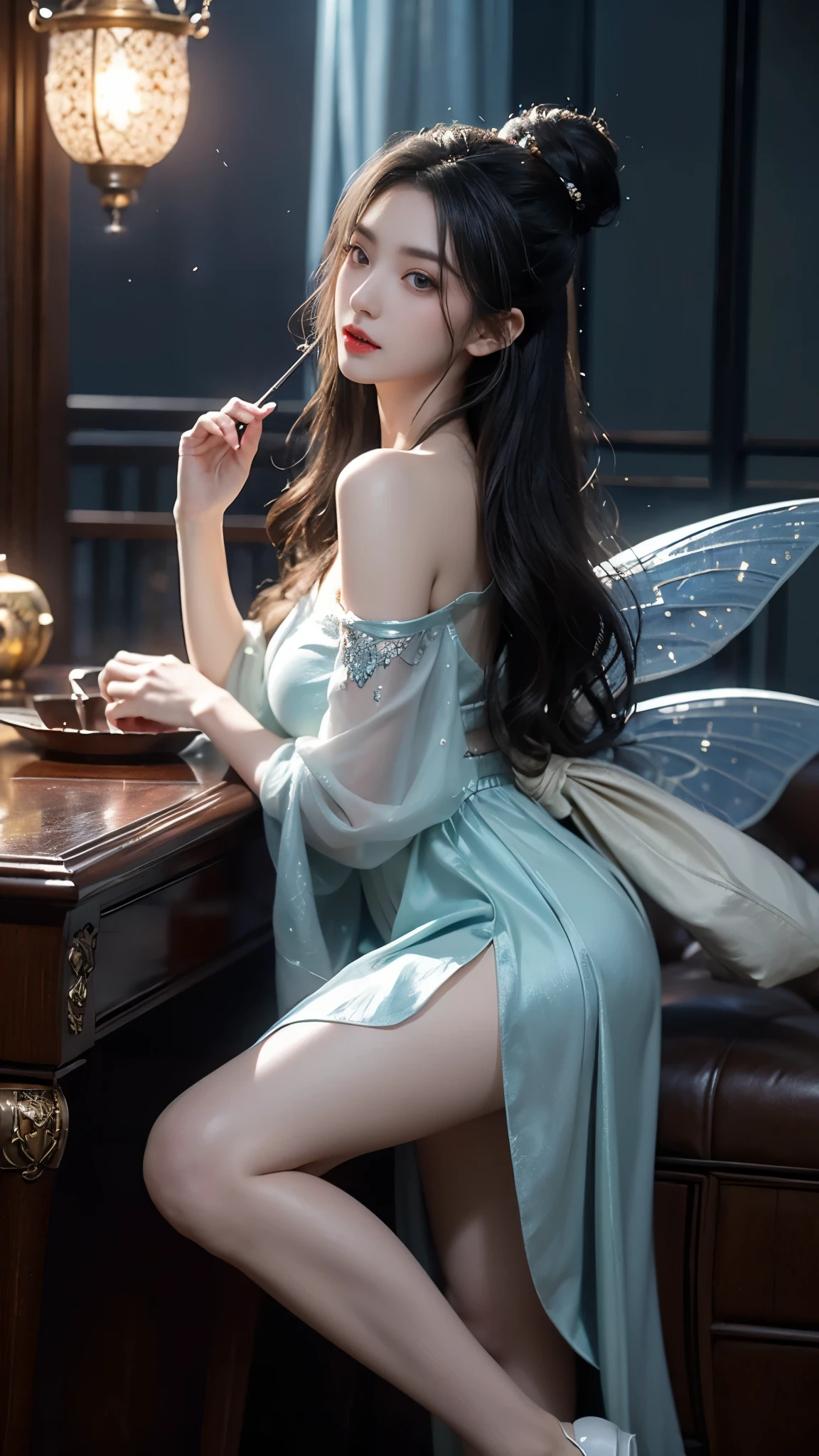 (masterpiece, best quality:1.2), 1girl, solo, ((off shoulder clothes)), ((night)), lantern, Candle light, In the depths of Wonderland,The moonlight falls like water,foggy room,The figure of the heroine is vaguely visible,Just like the fairy in the painting,Slender sexy legs,Very nice legs,Leaking sexy legs,Big breasts,美丽而又带着一丝mystery的色彩。Her face is beautiful and delicate,Like finely carved jade,Showing otherworldly beauty。The eyebrows are picturesque,The waves in my eyes are like twinkling stars,Show the light of perseverance and wisdom。The bridge of the nose is straight,Lip color like cherry,The slightly raised corners of the mouth reveal confidence and calmness。Her face is well defined,The skin is as fair as jade,Reveals a healthy glow,Just like a fairy, she never eats fireworks in the world。Her makeup is light and delicate,Not too much embellishment,But enough to show her temperament and charm。Light-colored foundation brings out the transparency of the skin,A light eyebrow pencil outlines her perfect eyebrow shape,Eye makeup is eye shadow and eyeliner,Make her eyes brighter and more energetic。嘴唇涂上grace的口红,Adds a bit of charm and sophistication。她的衣服grace别致,Clothes flutter,It seems like it will be blown up by the wind at any time,drifting into the distance。既不失grace,Also showed her extraordinary skills。Rocking with her movements。Her hair is tied back casually,Secure it with a hosta,A few strands of hair are fluttering gently in the wind,Adds a bit of softness。Her figure is looming in the fairyland,宛如一道Big breasts美丽的风景线,attracted everyone's attention。She seems to be a fairy in wonderland,Big breasts美丽、grace、mystery、and full of power。