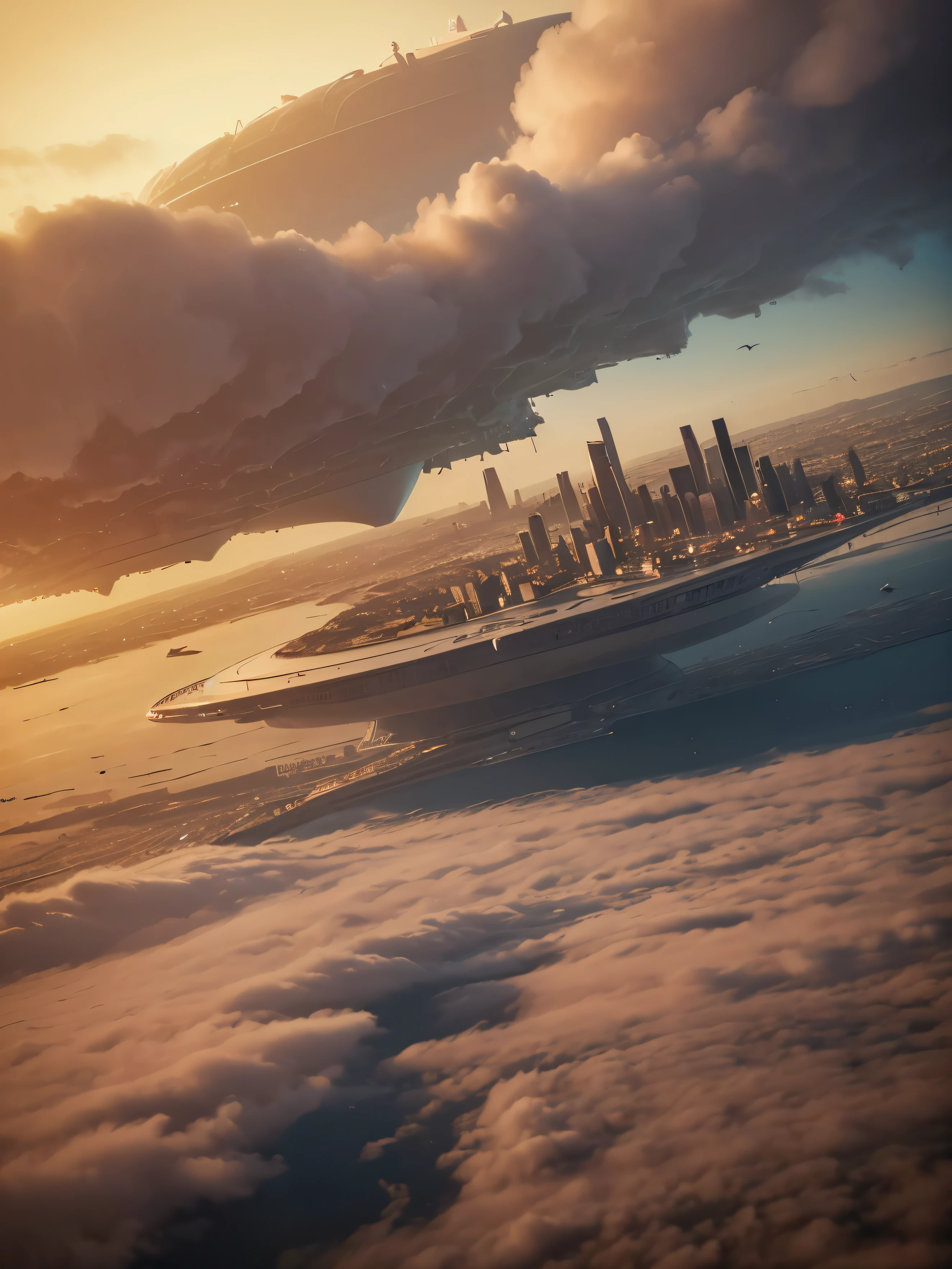 ariel view, bird's eye view of horizon (Best quality,4K,8K,A high resolution,Masterpiece:1.2),Ultra-detailed,(Realistic,Photorealistic,photo-realistic:1.37),Futuristic floating cities , lots of clouds,Futuristic technology,Huge high-tech tablet platform, Airships,Floating in the sky,Futuristic city,Small airships around,High-tech hemispherical platforms, city floating on lots of clouds, city on top of clouds, clouds at bottom, golden yellow tones ,sunset, hot weather,city floating on desert, summer, yellow sky, yellow orange clouds, hot summer, multiple cities, birds eye view, heart shaped floating city, lots of clouds, view from space. city on clouds, view from plane