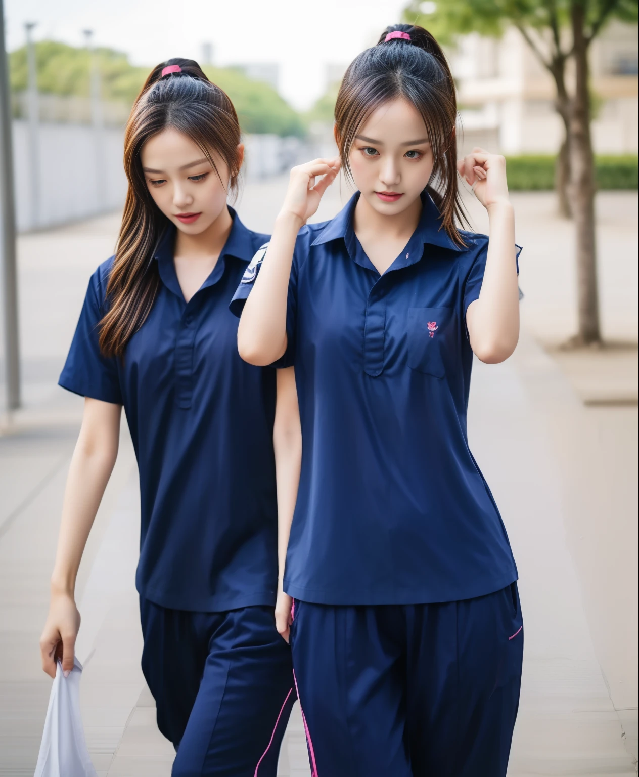 3 girls in fitness center, Navy blue short-sleeved shirt,Navy Long Trackpant,Sweatpants, Sweatpantsขายาว,25 year old girl, lesbian, sexy, exercise clothes, wet body, exercise clothes