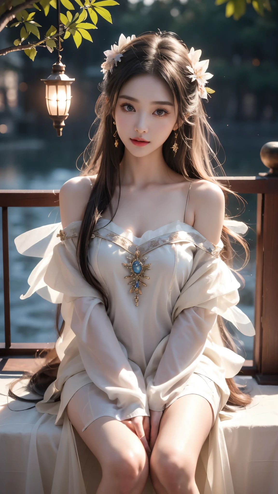 (masterpiece, best quality:1.2), 1girl, solo, ((off shoulder clothes)), ((night)), lantern, Candle light, In the depths of Wonderland,The moonlight falls like water,foggy room,The figure of the heroine is vaguely visible,Just like the fairy in the painting,Slender sexy legs,Very nice legs,Leaking sexy legs,Big breasts,美丽而又带着一丝mystery的色彩。Her face is beautiful and delicate,Like finely carved jade,Showing otherworldly beauty。The eyebrows are picturesque,The waves in my eyes are like twinkling stars,Show the light of perseverance and wisdom。The bridge of the nose is straight,Lip color like cherry,The slightly raised corners of the mouth reveal confidence and calmness。Her face is well defined,The skin is as fair as jade,Reveals a healthy glow,Just like a fairy, she never eats fireworks in the world。Her makeup is light and delicate,Not too much embellishment,But enough to show her temperament and charm。Light-colored foundation brings out the transparency of the skin,A light eyebrow pencil outlines her perfect eyebrow shape,Eye makeup is eye shadow and eyeliner,Make her eyes brighter and more energetic。嘴唇涂上grace的口红,Adds a bit of charm and sophistication。她的衣服grace别致,Clothes flutter,It seems like it will be blown up by the wind at any time,drifting into the distance。既不失grace,Also showed her extraordinary skills。Rocking with her movements。Her hair is tied back casually,Secure it with a hosta,A few strands of hair are fluttering gently in the wind,Adds a bit of softness。Her figure is looming in the fairyland,宛如一道Big breasts美丽的风景线,attracted everyone's attention。She seems to be a fairy in wonderland,Big breasts美丽、grace、mystery、and full of power。