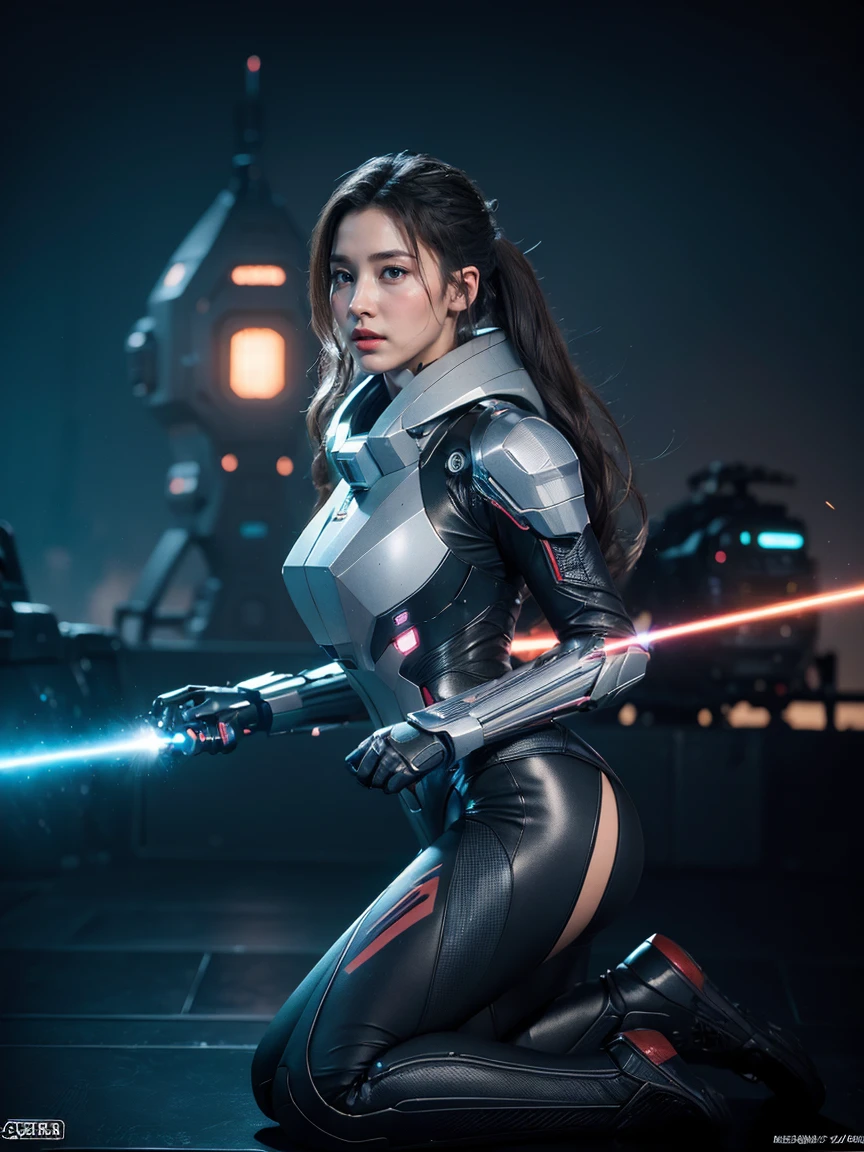 8K, highest quality, masterpiece, realistic, ultra detail,  photograph, HDR, High resolution, cinematic light, official art, High resolution, Depth of written boundary,(emits laser light), girl１name、20-year-old, medium long hair,Take a full body photo、action pose,universe,cloudy sky、universe船、Starlight、thunder、universe戦艦