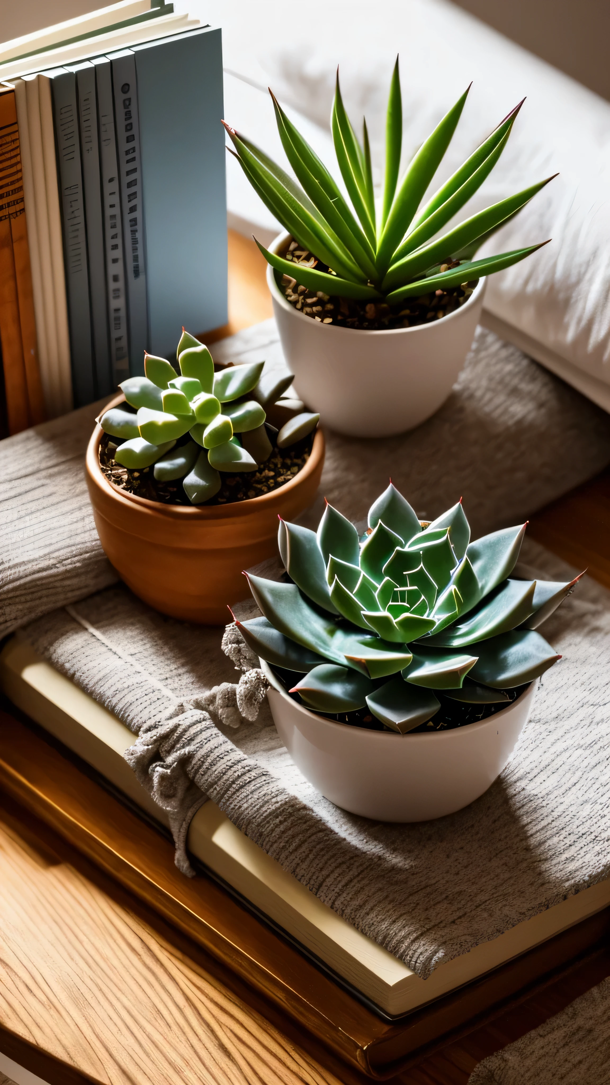 partial bed view.night light on bedside table.overlapping books.A pot of succulents.room background，Minimalism，Depth of field effect，8k，wallpaper，masterpiece，Highest image quality，The angle is different